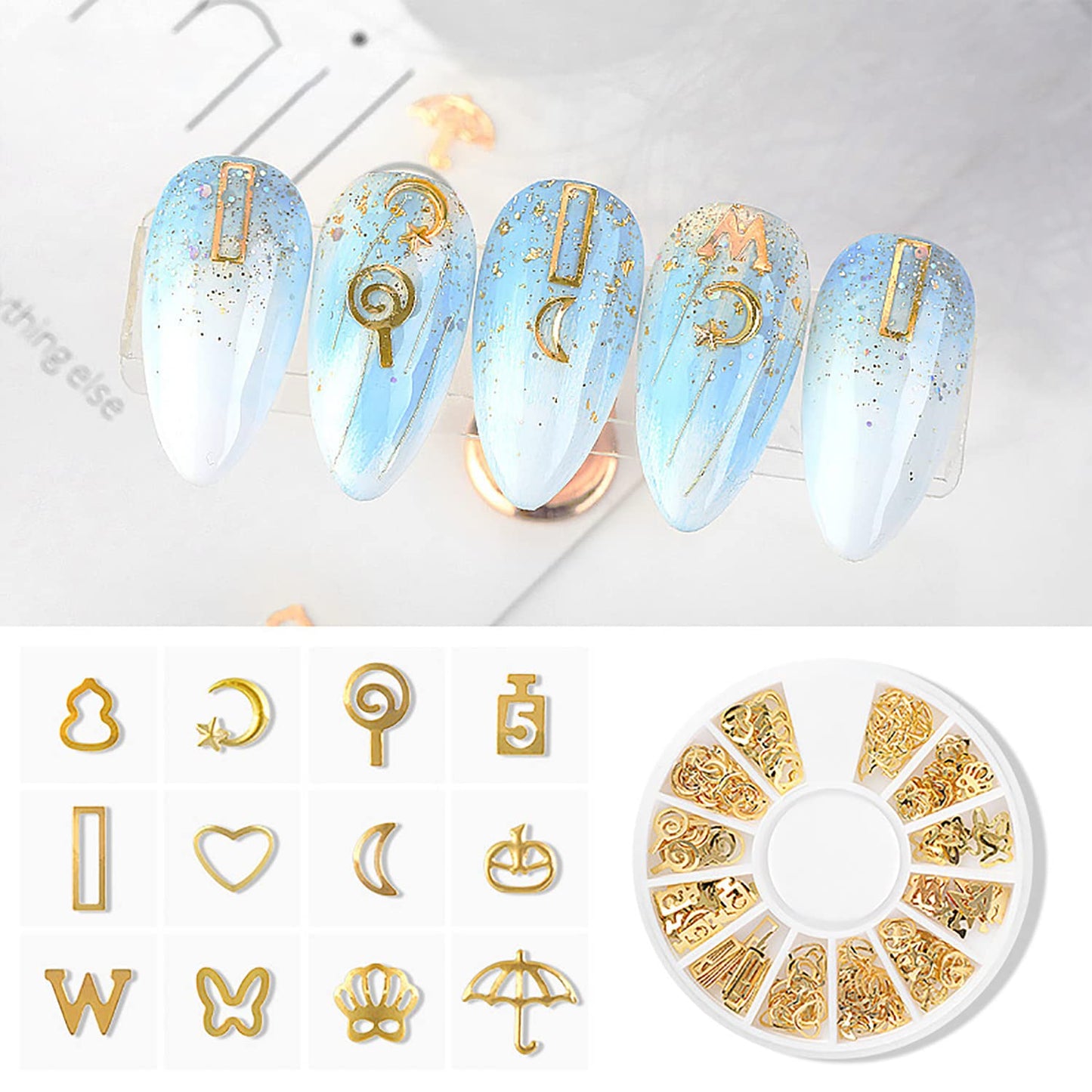 SILPECWEE 6 Boxes 3D Gold Nail Charms Hollow Metal Nail Studs Star Moon Heart Beach Nail Art Charms Nail Jewels Charms for Nails Design Nail Decoration for Acrylic Nails Accessories