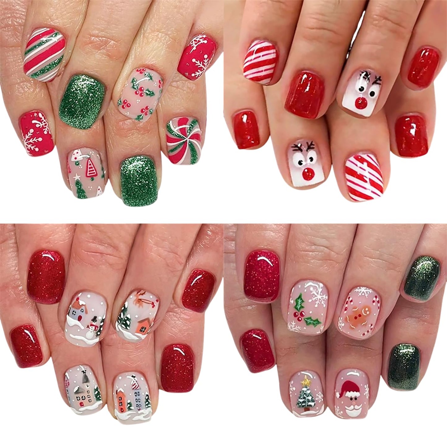Christmas Press on Nails Kit 96 Pcs Short Square Fake Nails 4 Style Cute False Nails with Reindeer Snowflake Xmas Tree Glitter Designs Red Glossy Glue on Nail Winter Acrylic Nails for Women Girls