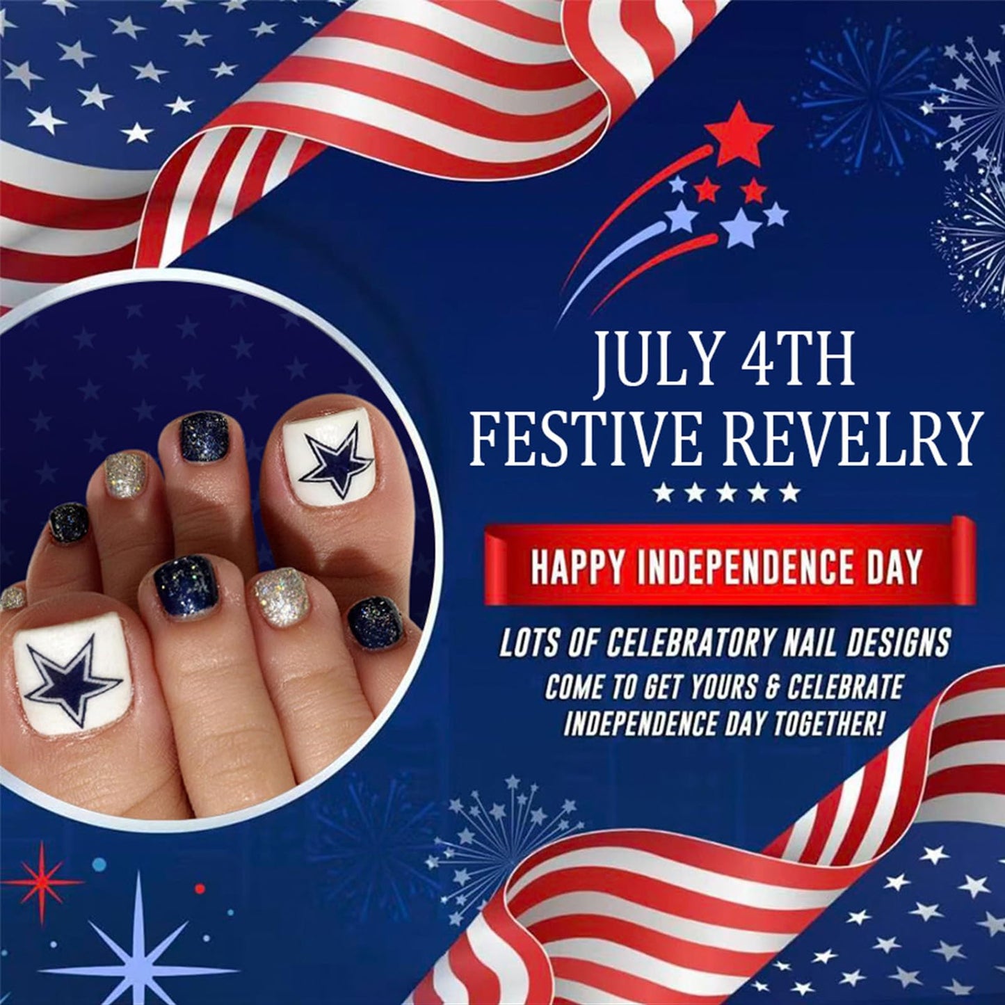 4th of July Press on Toenails Short Square Blue Star Fake Toe Nails Independence Day Glitter False Toenails Glossy White Toe Nail Press ons Acrylic Stick on Toes for Women 24Pcs
