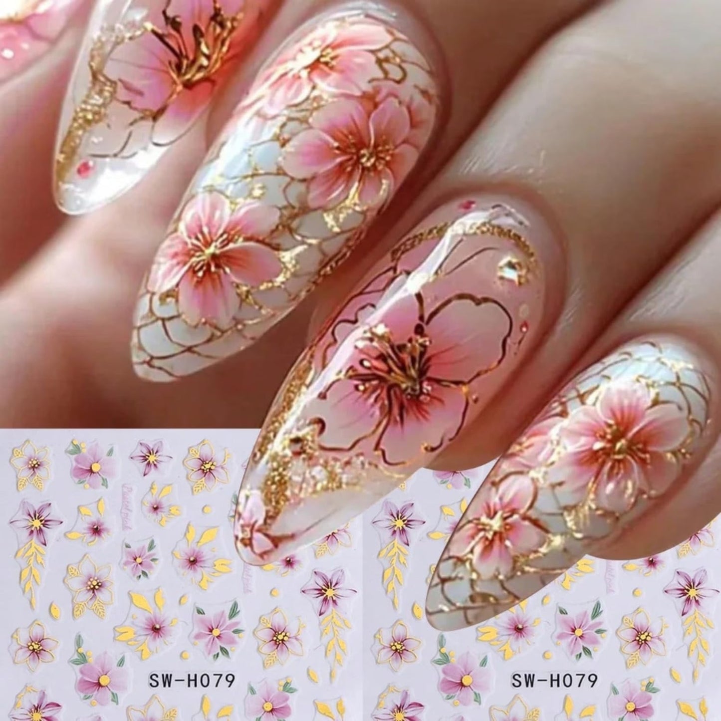 Cherry Blossoms Nail Art Sticker Decal 6Pcs 3D Elegant Self-Adhesive Nail Stickers Gold Leaves Nail Decal Pink Floral Nail Supply Spring Summer Flower Nails Design for Women Manicure DIY Decoration