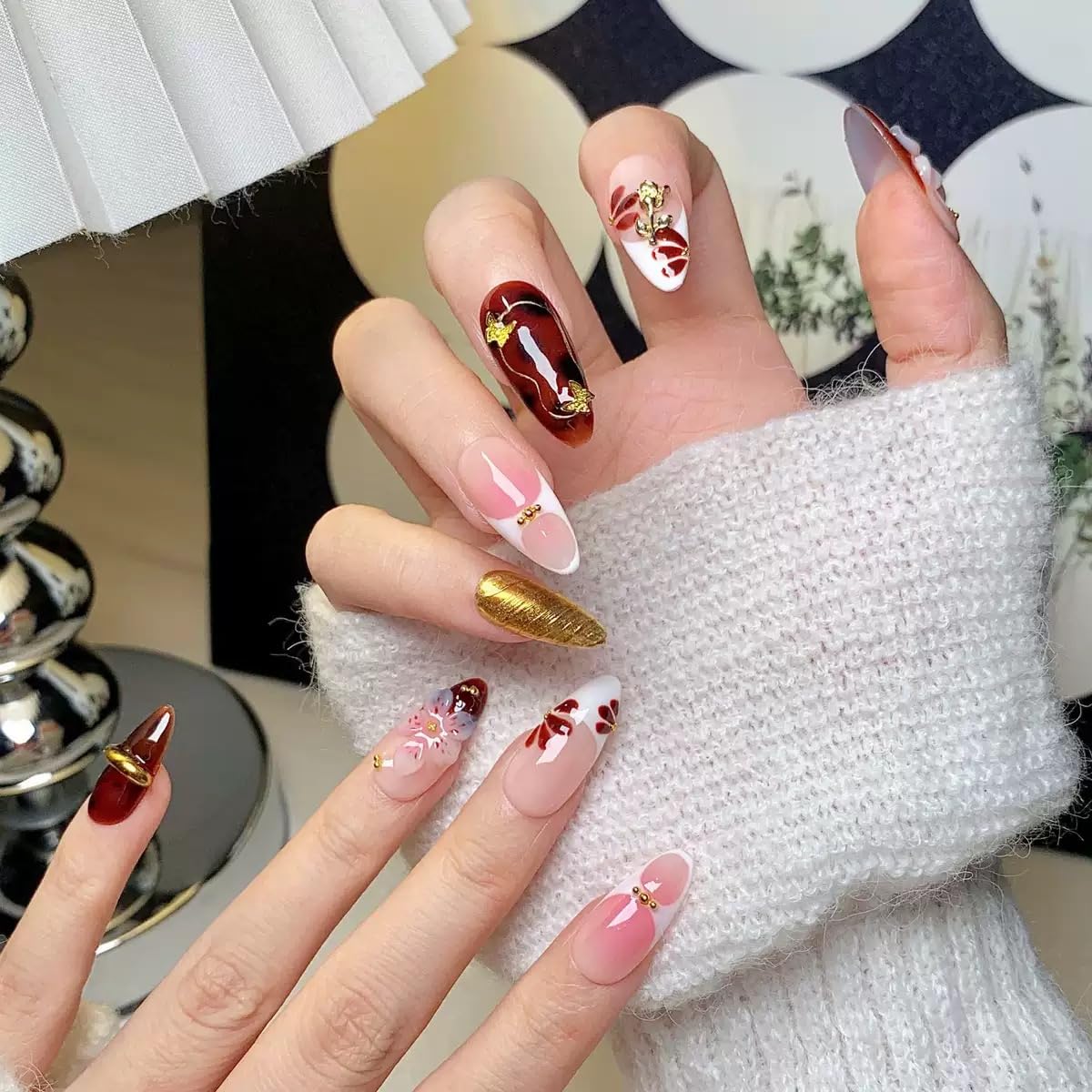 Medium Press on Nails Almond - Handmade Fake Nails with 3D Flower Design - Gold, Brown False Nails Press ons - for Women (Size L)