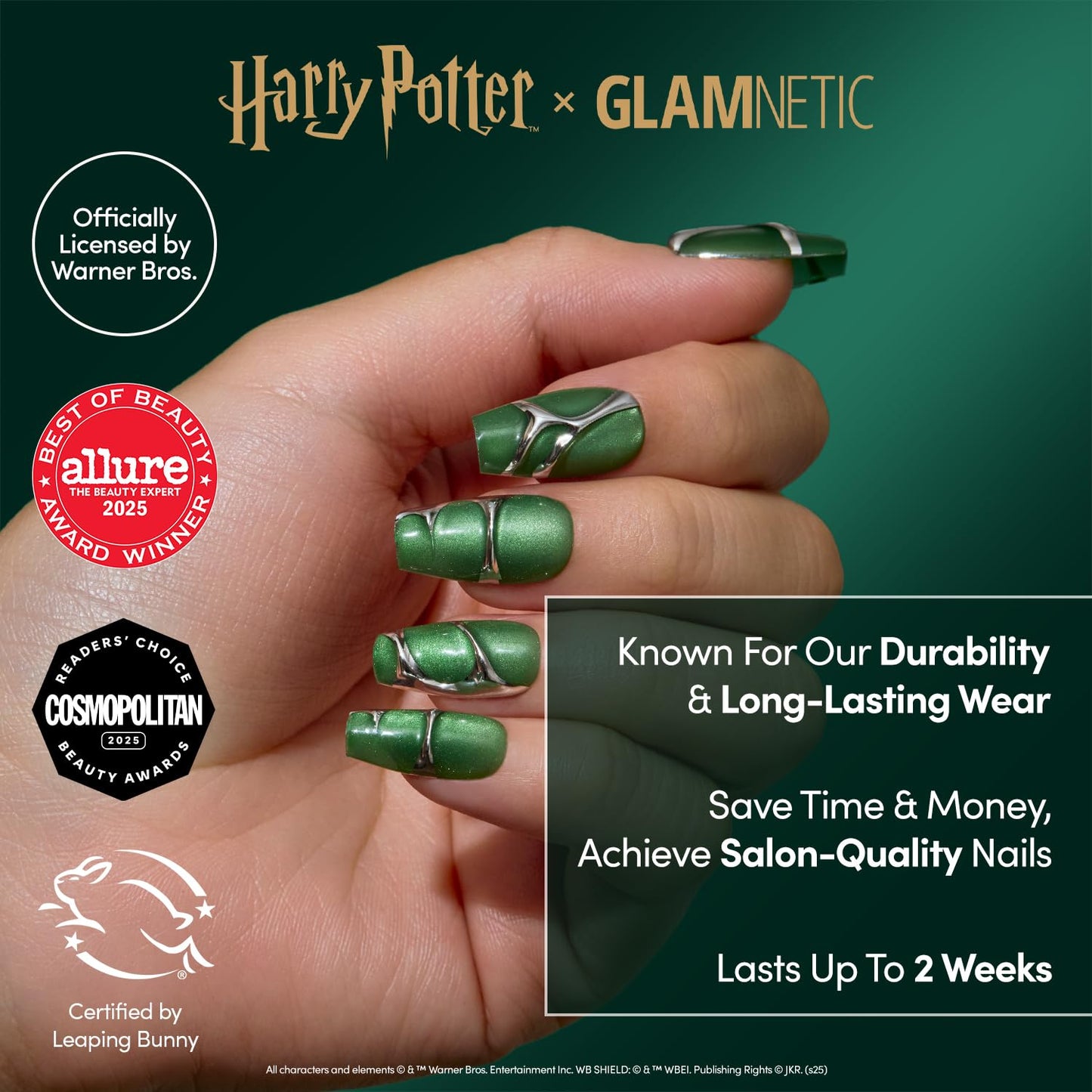 Glamnetic Press On Nails x Harry Potter™ - Salazar Slytherin™ | Medium Coffin Fake Nails with 3D Silver Design & Velvet Finish, Salon Quality Officially Licensed | 15 Sizes - 30 Nail Kit with Glue