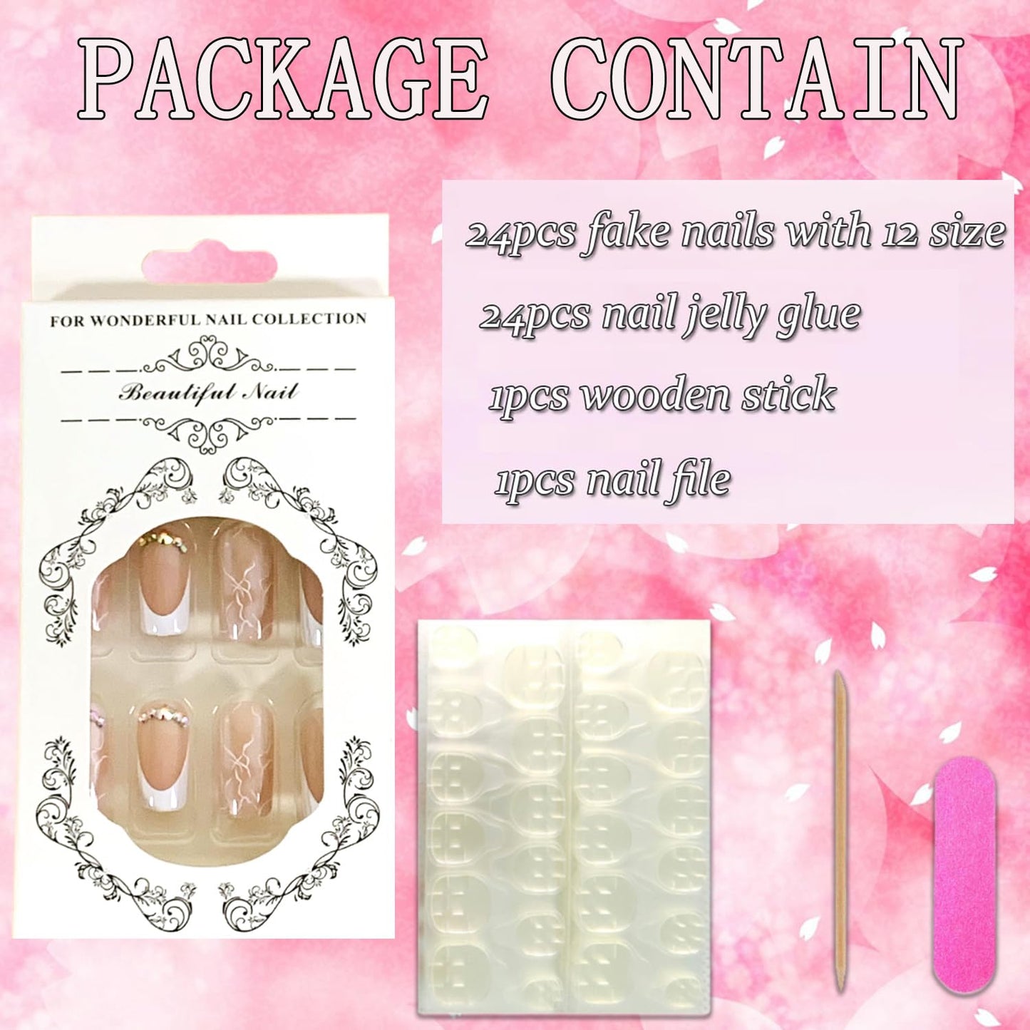 Vezocim French Artificial Fake Square Nails, 24Pcs Nude Press on Nails Medium Coffin with Rhinestone Designs, Glossy Full Cover Acrylic False Nail, Glue Fake Fingernails with Charm for Women