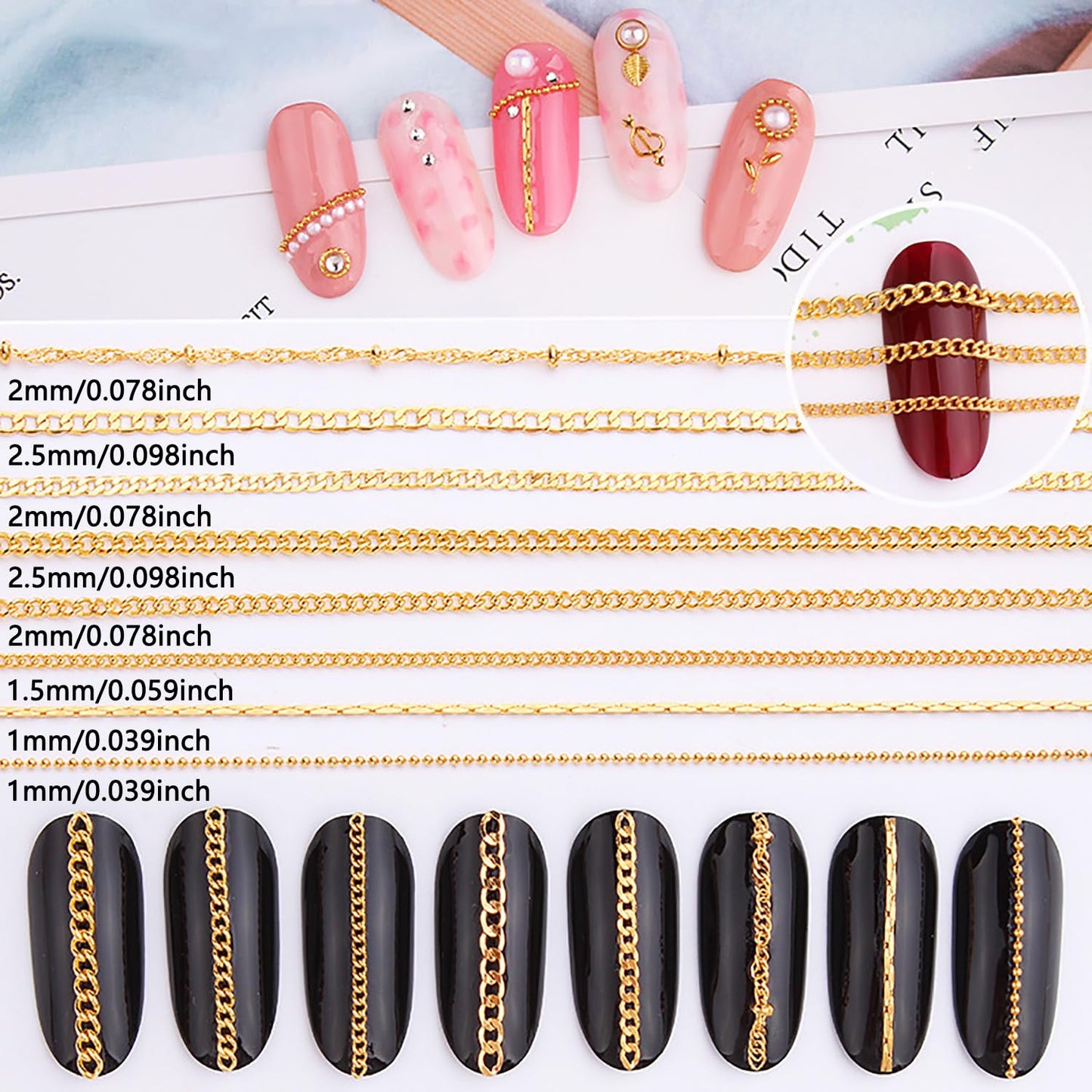 JERCLITY 8 Strips 19.7in Gold Nail Chains for Nail Art 3D Gold Nail Charms Metal Nail Art Chains Punk Nail Studs Jewelry Accessories for Women