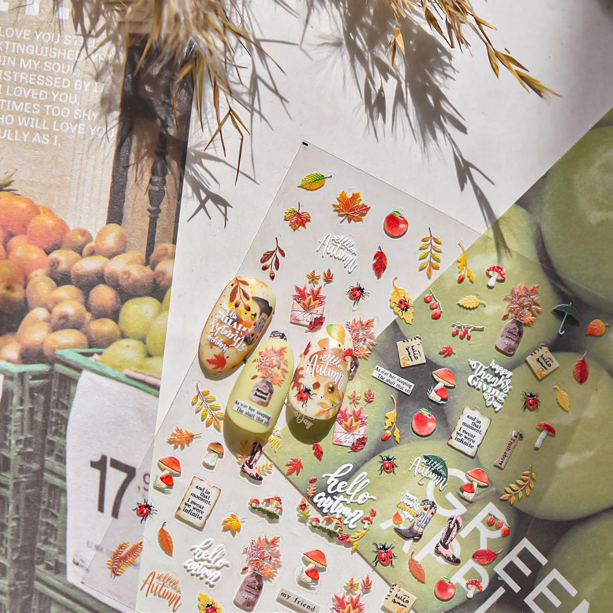 Fall Nail Stickers for Nail Art Thanksgiving Day Nail Art Sticker Autumn Maple Leaves Nail Decals Mushroom Ladybug Stickers for Nails Design Self Adhesive Nails Supplies for Women Girls 1 Sheet