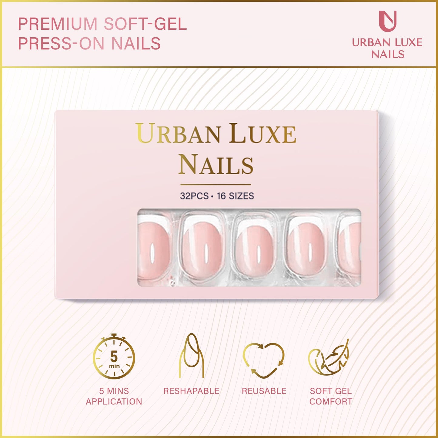 Urban Luxe Nails Premium Press On Nails - Short French Tip Press On Nails with Salon-Quality Finish, 32-Piece Set with Adhesive Tabs, Includes Jelly Glue for Nails & Prep Tools (Soft Rosy Gloss)