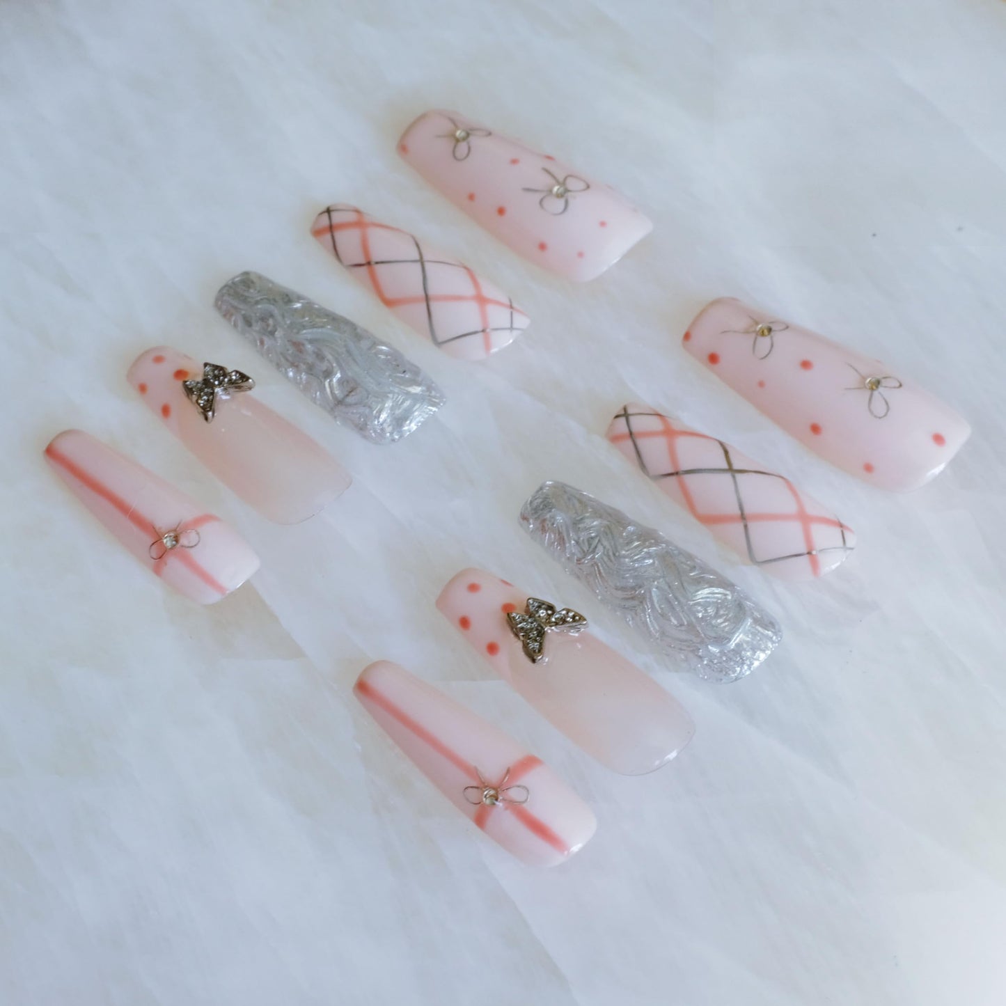 GLORS Press-on Nails, Long Ballerina Style, Pink with 3D Silver Butterfly and Bow Design, Handmade False Nail 10 Pieces (XS, LB)