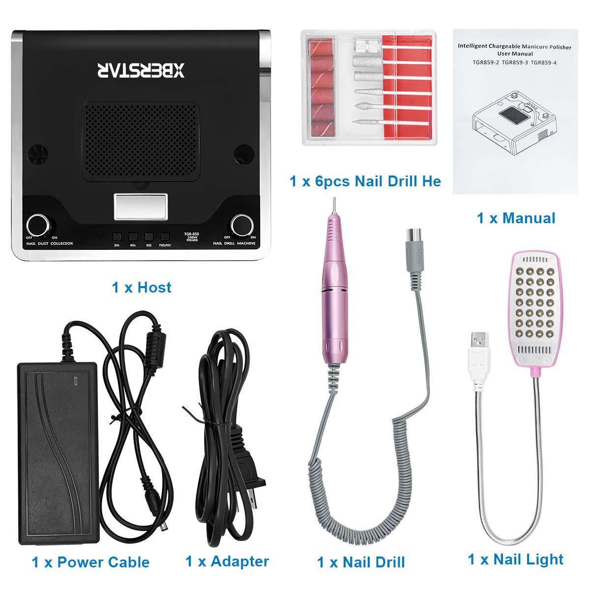 XBERSTAR Nail Dust Collector,54LED 108W 4‑in‑1 Electric Suction Dust Fan for Acrylic Gel Nails Kit Nail File Drill Professional Salon Nail Art Equipment Kit (Black)