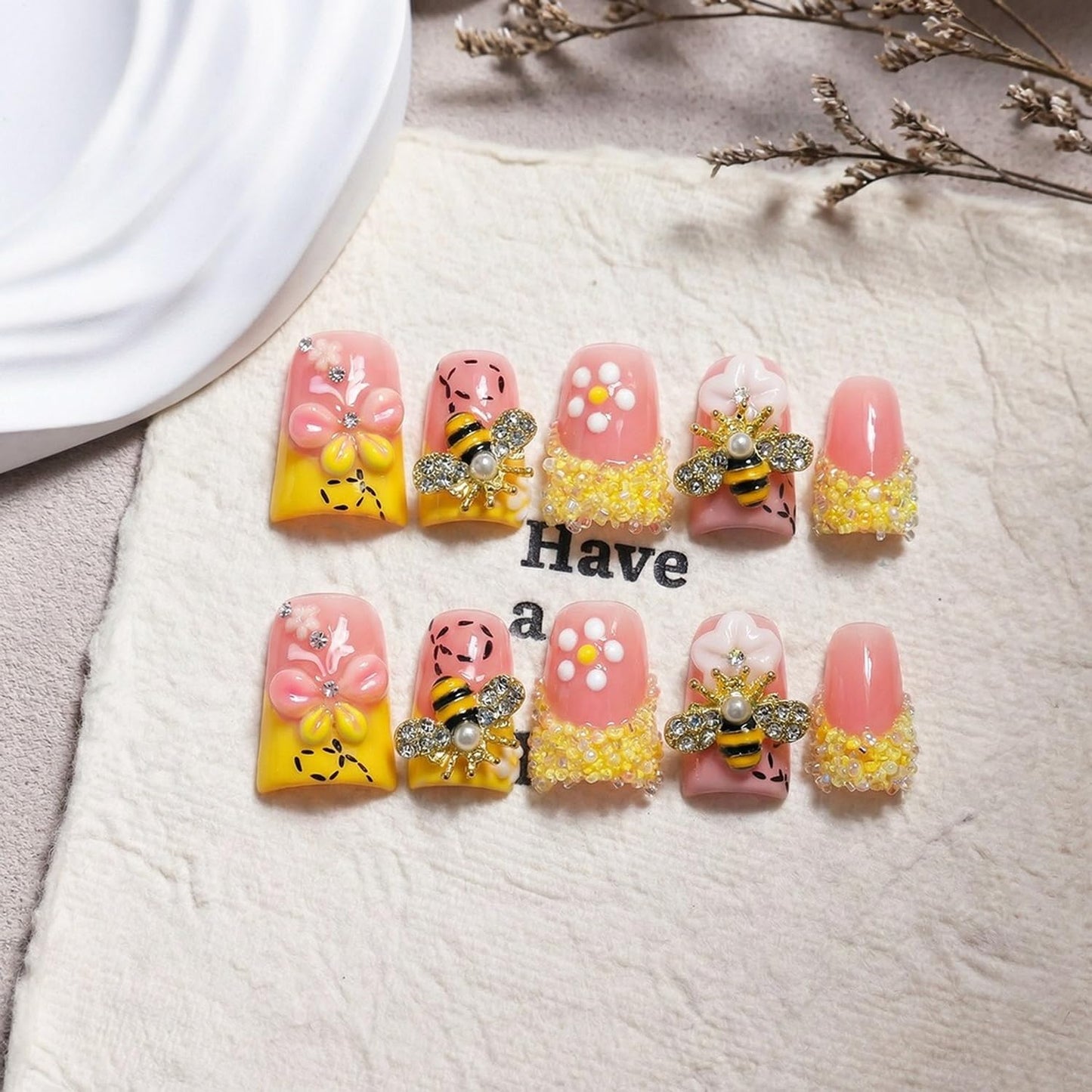10 Pcs Duck Press on Nails Duck Handmade Acrylic Nail 3D Luxury Handmade Butterfly Bee Designs Rhinestone French Tip Fake Nails Flower Acrylic Stick on Nails Full Cover Thick False Nail for Women（M）