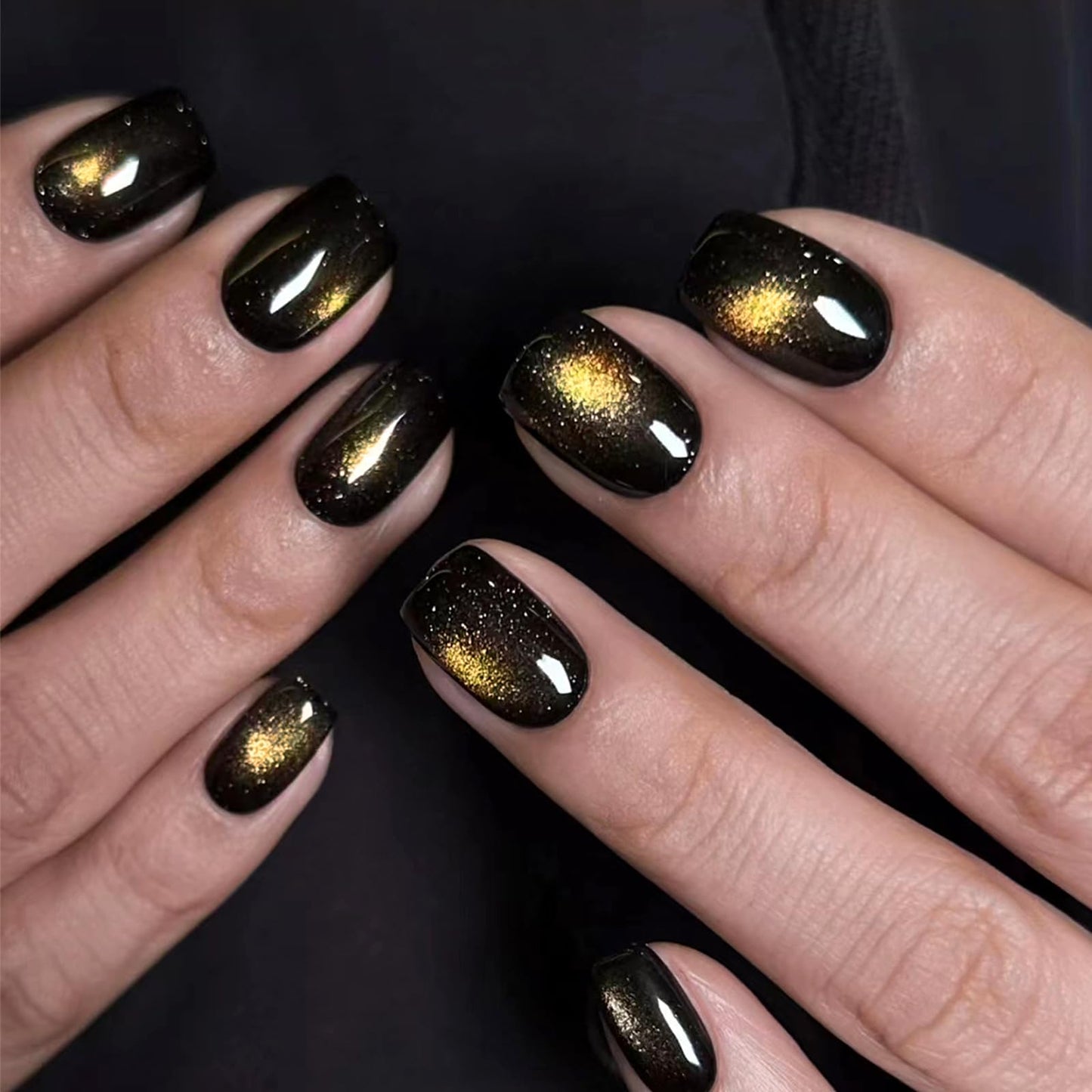 HOSAILY Black Gold Cat Eye Press on Nails Short Square New Year Fake Nails with Magnetic Shimmer Design, 24pcs Glossy Soft Gel Glue on Nails Coffin, Salon Quality Stick on Nails Press Ons for Women