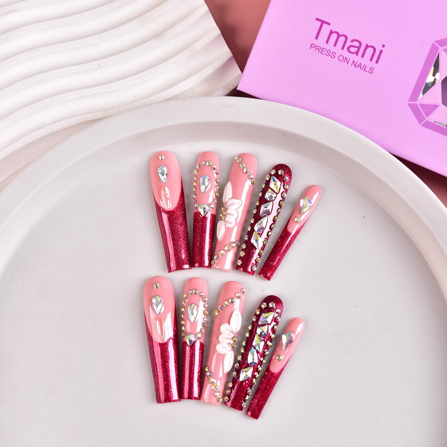 Tmani 10pc/set Extra Long Handmade Press On Nail Hot Girl's Long Ballet Nails Square Nail Full of Diamond Glitter Decoration Fake Nails Suitable For Girls Festival Parties and Birthday Gift (241,L)