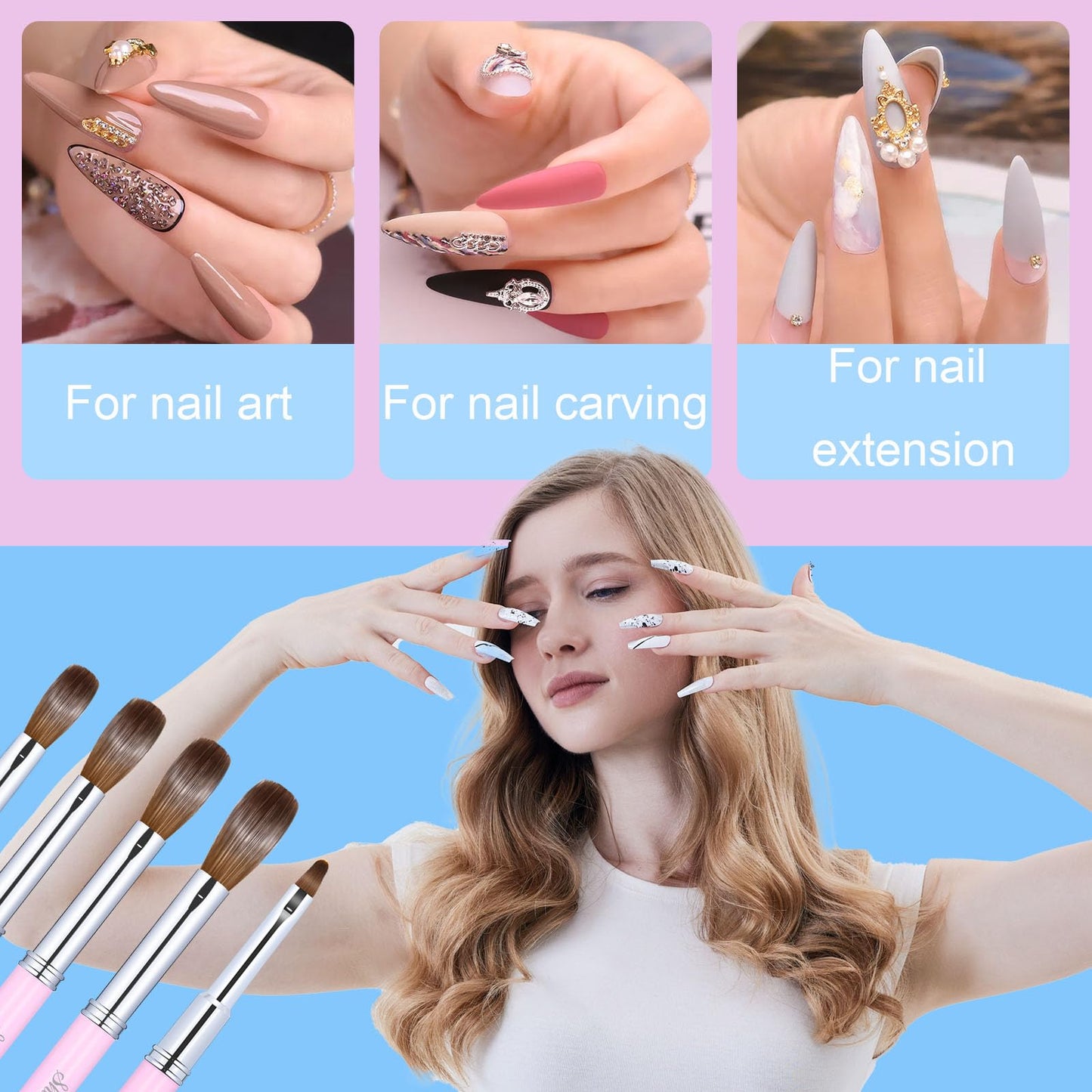 Shine Chance 2Pcs Acrylic Nail Brushes Set, 100% Pure Kolinsky Size 14 Nail Art Brush & Small Clean Up Brush, Art Design & Polish Mistake Cleaning Manicure Tools for Women Acrylic Application