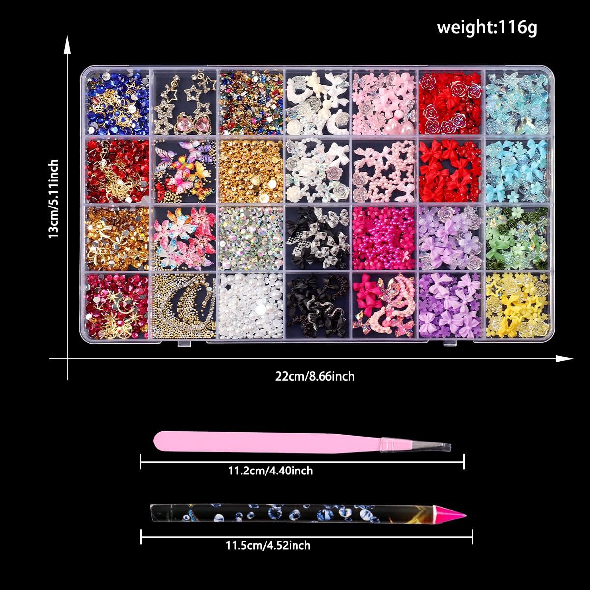 28 Grids Nail Art Decorations Set - 3D Flower Butterfly Bow Star Heart Charms, Rhinestones Gems Pearls, Mixed Metal Nail Jewelry for Acrylic Nails, DIY Manicure Accessories Kit for Women & Girls