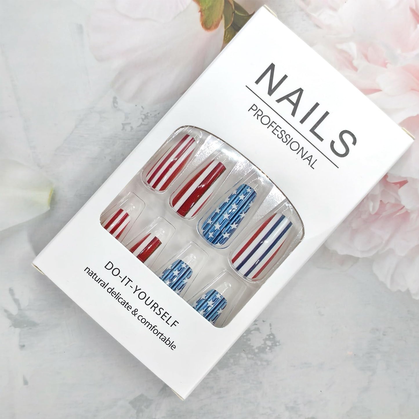 24Pcs Independence Day Press on Nails Medium Length Fake Nails Lines with Stars Fireworks False Nail Ballet Shaped 4th of July Stick on Nail Glue on Artificial Fingernails for Women Holiday Manicure