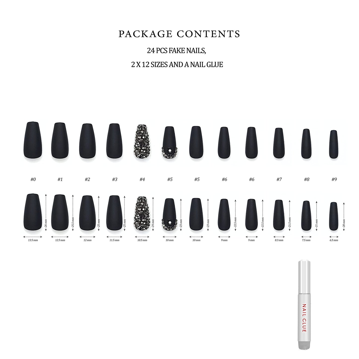 Hypnaughty 24 Pcs Rhinestone Noir Coffin Press On Nails with Gunmetal Color Luxury Rhinestones and Glue Medium Length Glue On False Nails (Rhinestone Noir)