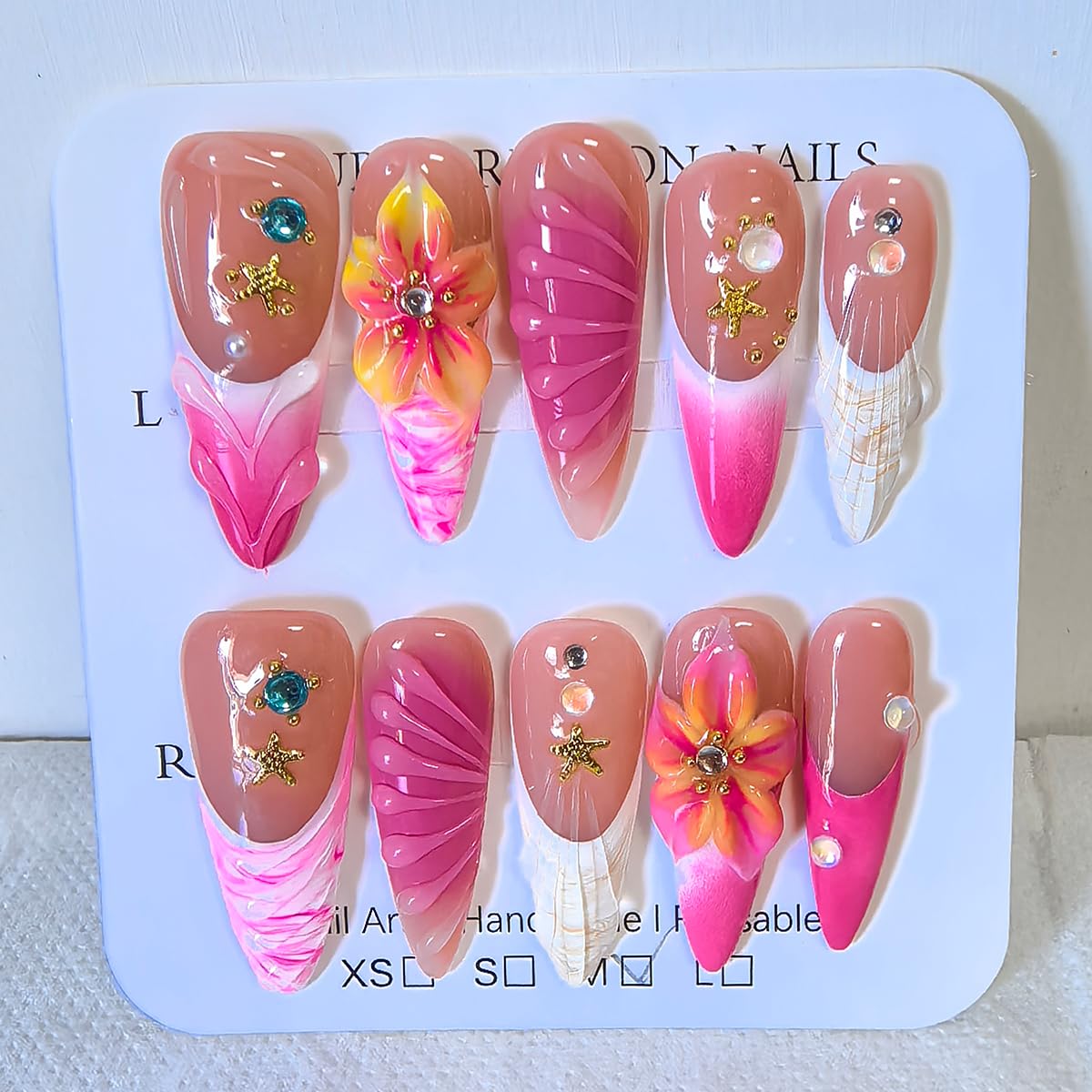 Handmade Press on Nails Long Stiletto False Nails Pink French Tip Fake Nails with 3D Flower Beach Designs Sparkly Charm luxury Artificial Nails for Women 10Pcs (Size M）