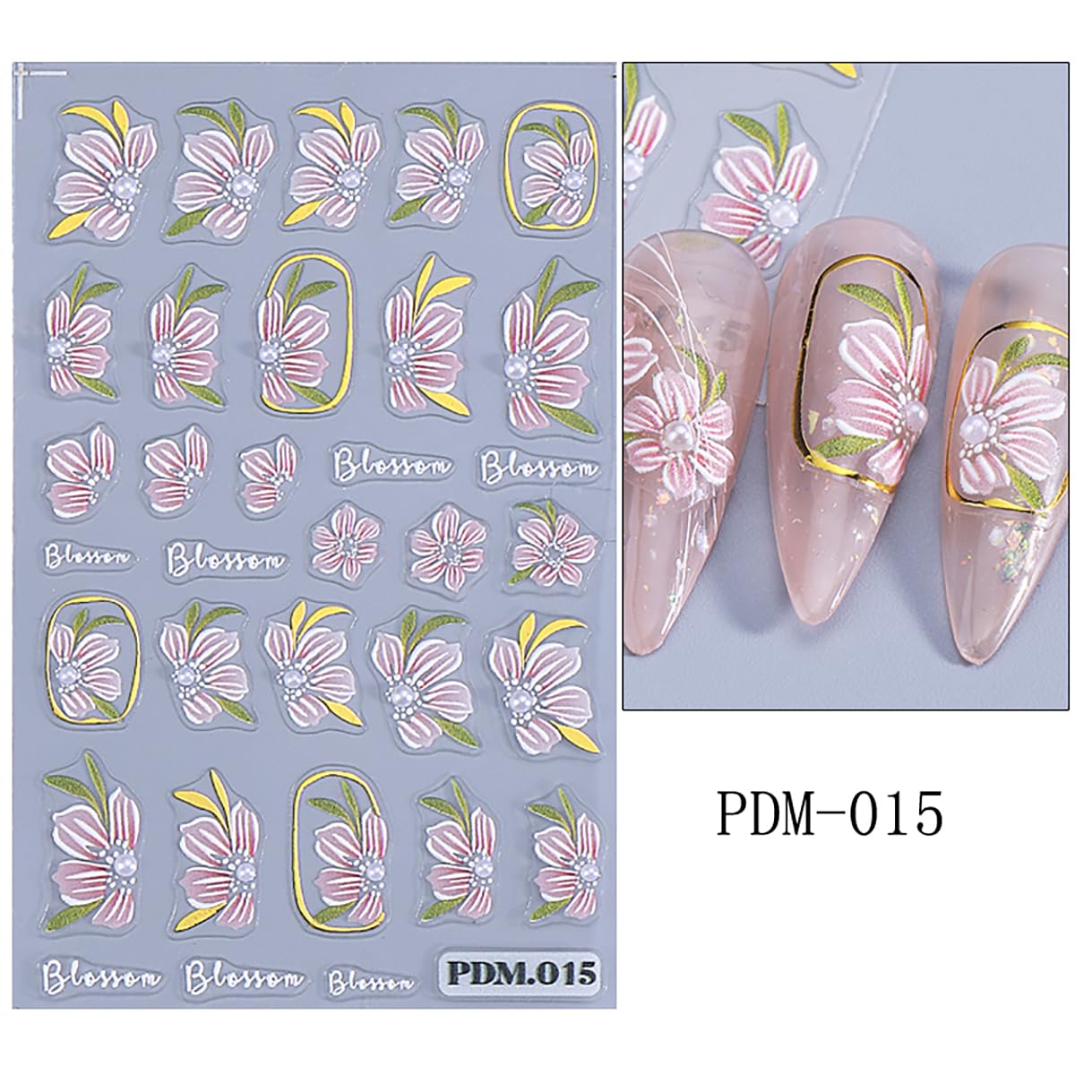 3D Flower Nail Art Stickers Decals Self Adhesive Blossom Flowers Nail Decals with Leaf Design, Spring Floral Nail Stickers for Women DIY Manicure Gel Acrylic Nails Decorations Supply 2 Sheets