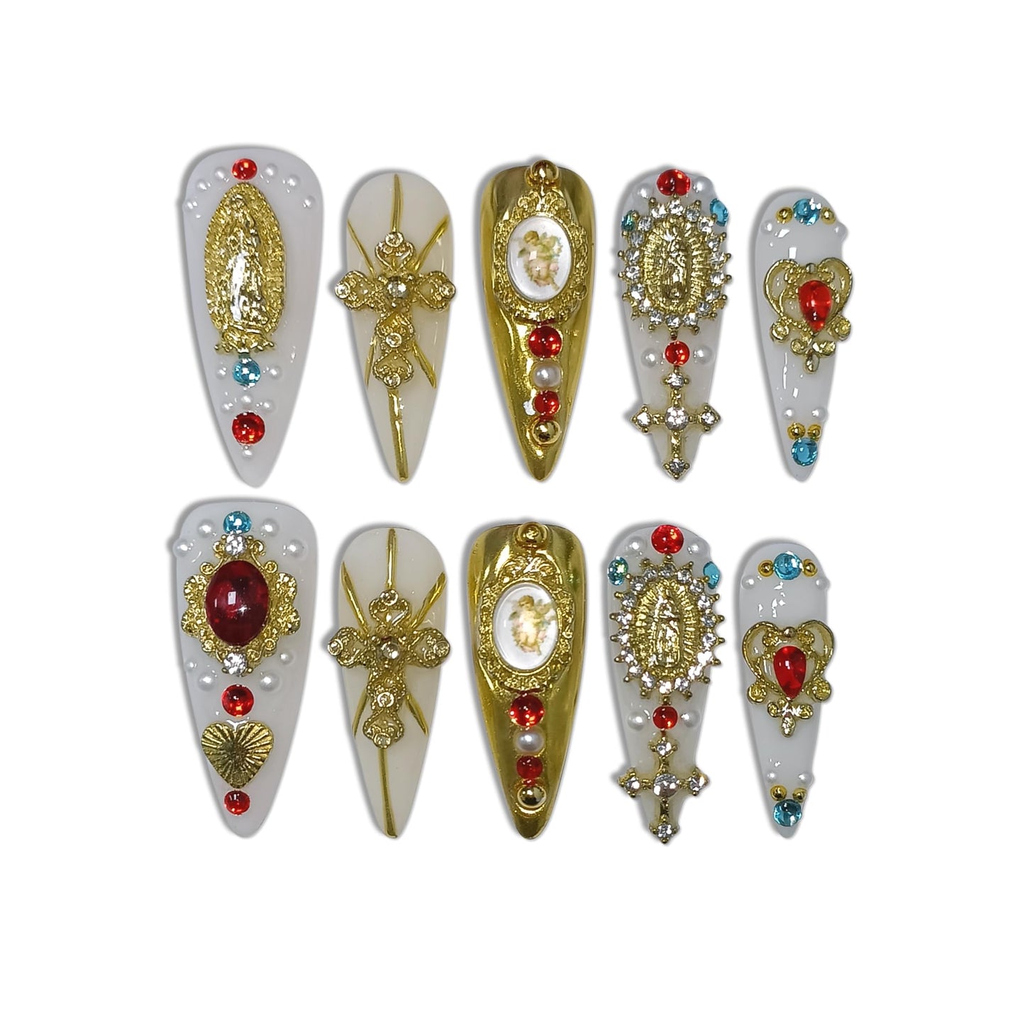 TENPAL Handmade Press on Nails Long Stiletto - Religious Metallic 3D Design Fake Nails with Our Lady Cross & Angel Charms,Acrylic Glossy Luxury Baroque Gothic Style False Nails for Formal Events(L)