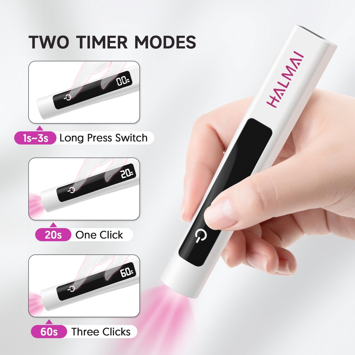 Halmai Handheld UV Nail Lamp for Gel Polish,Portable Mini Red Light with LED,Cordless Rechargeable USB Dryer,At-Home Manicure Salon Tool with Fingernail Curing,Nail Stamping & Cat Eye Magnet (White)