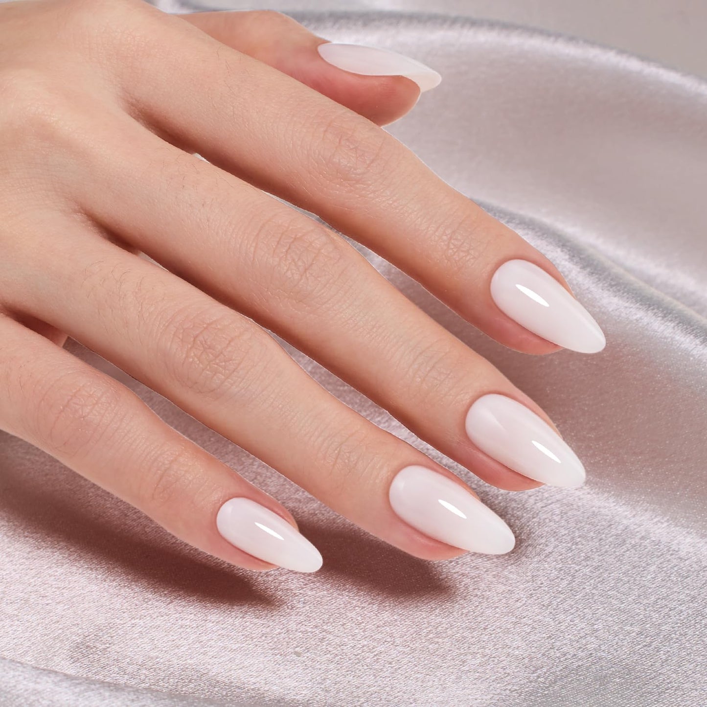 Beetles Natural Milky White Medium Almond Press On Nails - White Almond Press On Nails Soft Nail Gel with Nail Glue Adhesive Tabs Nail File Cleaning Wipe Cuticle Stick, 16 Sizes 32pcs