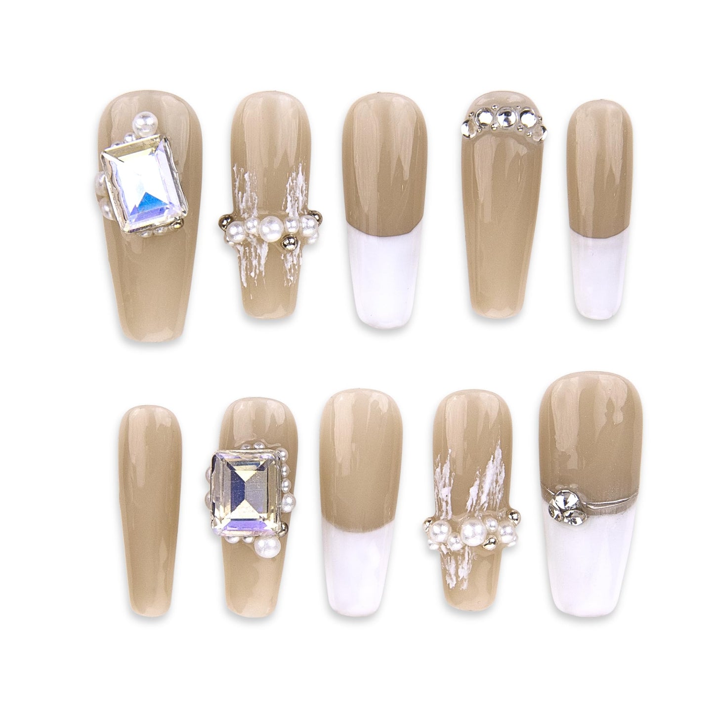 SIYOU Beauty | Crystal Coffin French | Beige and White French Tip Rhinestone Long Coffin Press On Nails for Women (Medium) - Reusable, Salon-Quality Fake Nails (10pc)