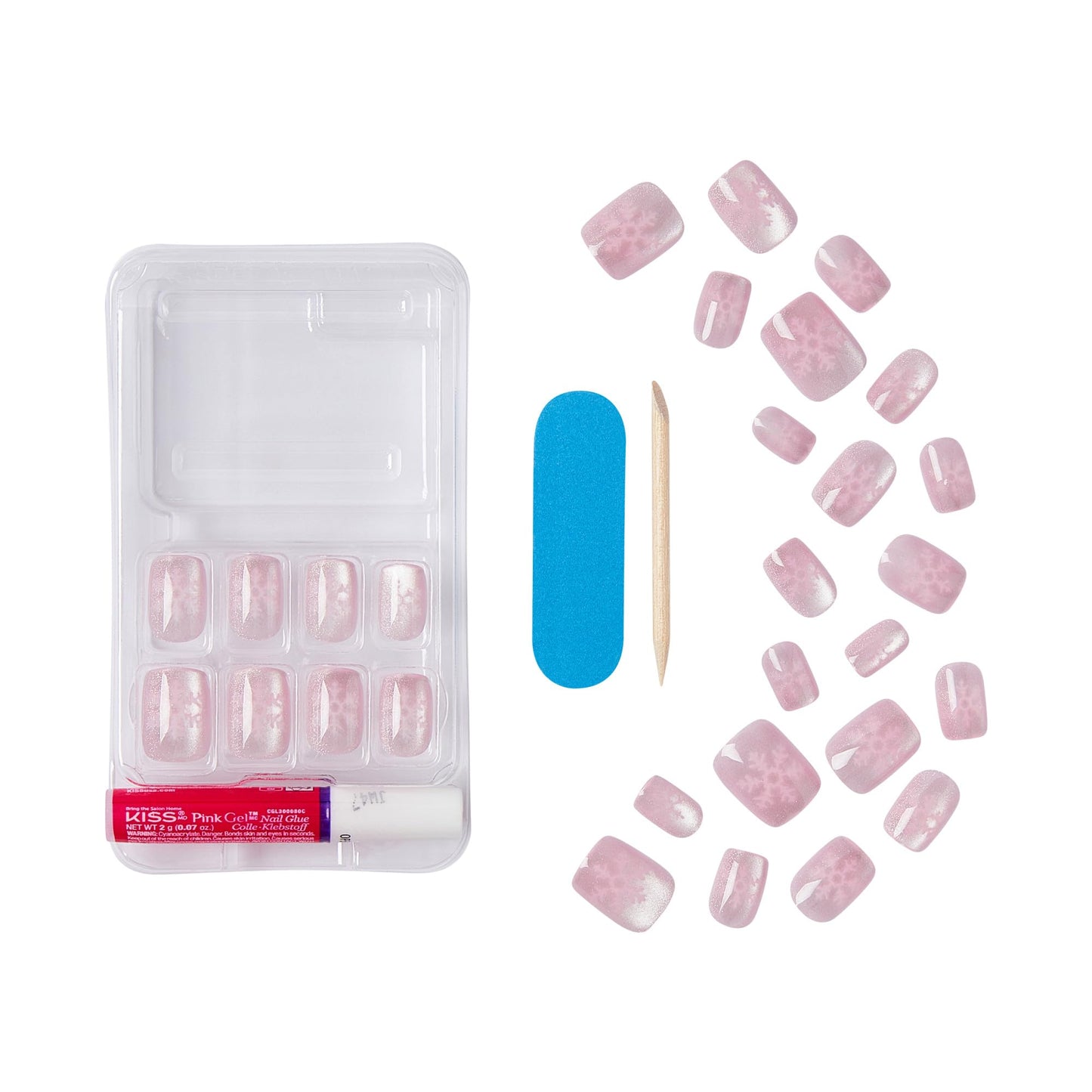 KISS Voguish Fantasy Holiday Press On Nails, ‘Frosty Delights’, Pink, Short Squoval, No Damage To Natural Nails, Pink Gel Nail Glue (2g), Mini Nail File, Manicure Stick, & 28 Fake Nails