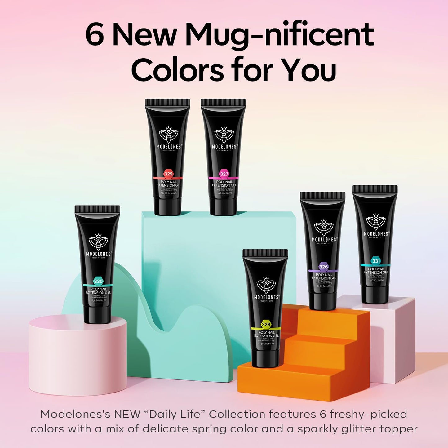 modelones Poly Nail Gel Set, 6 Colors Forever Young Collection Turquoise Purple Blue Neon Yellow Hot Pink Poly Extension Builder Gel Nail Spring Hot Summer French Manicure DIY