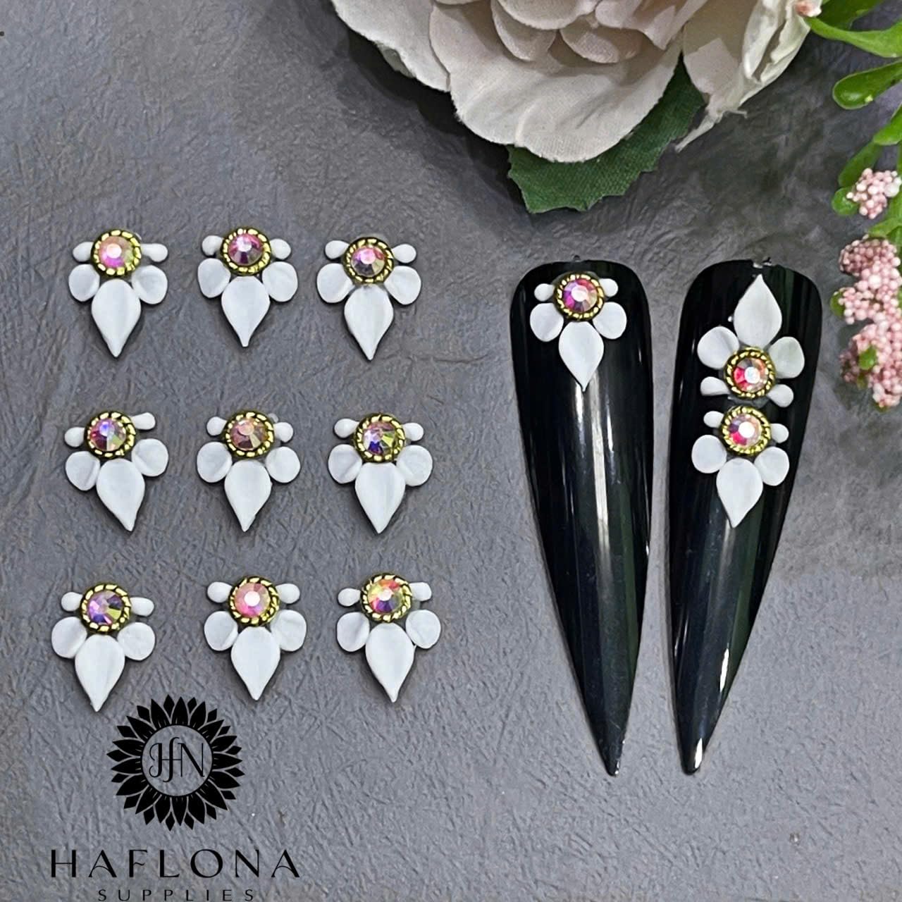Set 12Pcs 3D White Half Poinettia Flower Charms Handmade by Acrylic Powder Design Nail Art Floral Salon Decor, 3D Flowers Nails Charms With Rhinestone Gems For Women Girls (White Half-Poinettia 12Pcs)