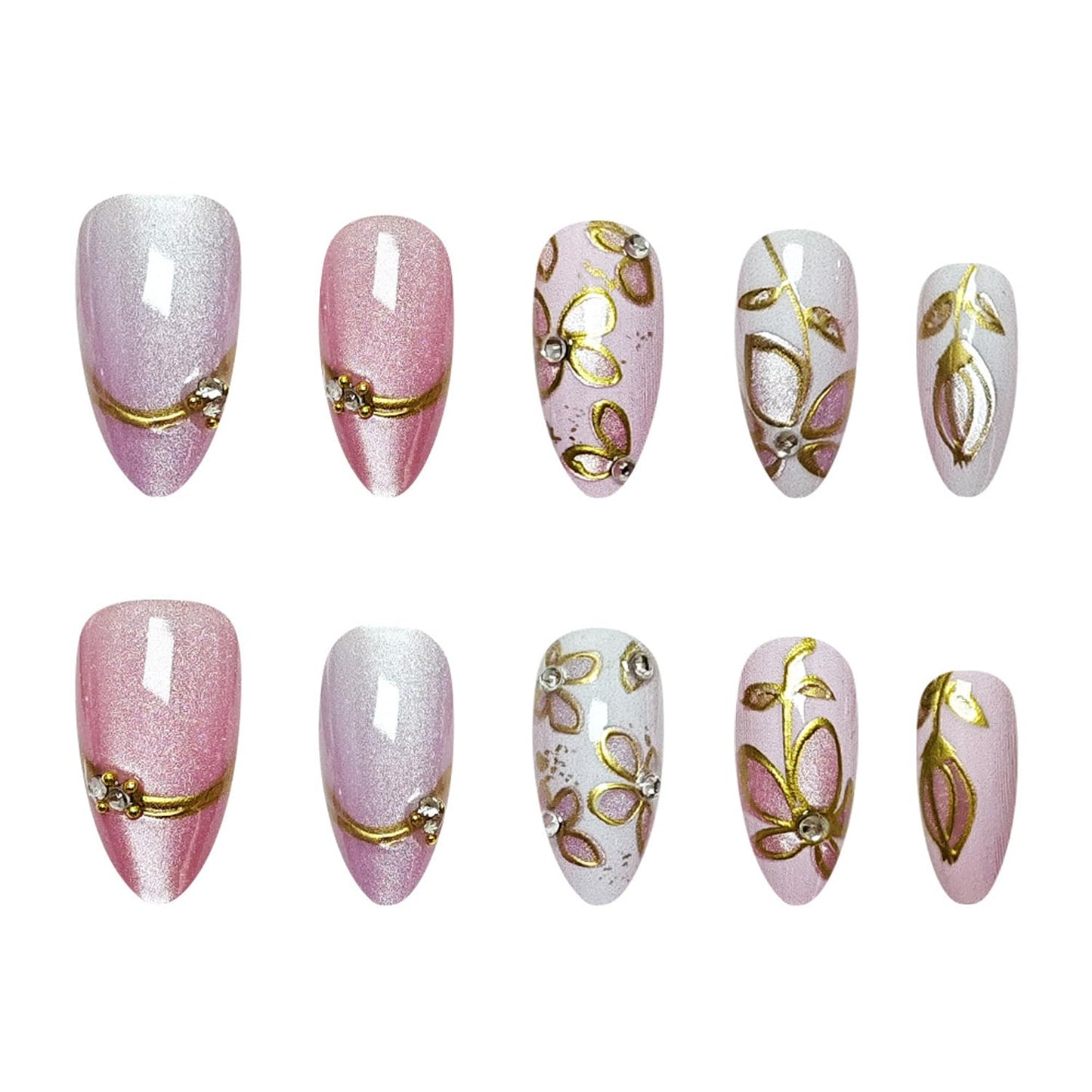 24Pcs Cute Flower Press on Nails Short Almond Fake Nails 3D Pink Purple Floral False Nails with Rhinestone Charms Design Nail Gilded French Tip Artificial Nail Glitter Full Cover Nails for Women