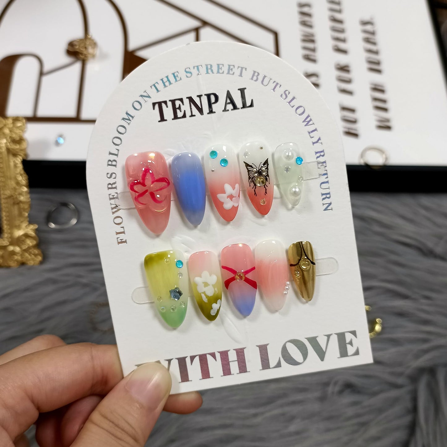 TENPAL Pink Green Purple Nails,Handmade Press on Nails Almond,Glossy Soft Gel Fake Nails Wth Flower Butterfly Designs,Summer False Nails Press Ons,Colorful Acrylic Almond Nails,Medium Size