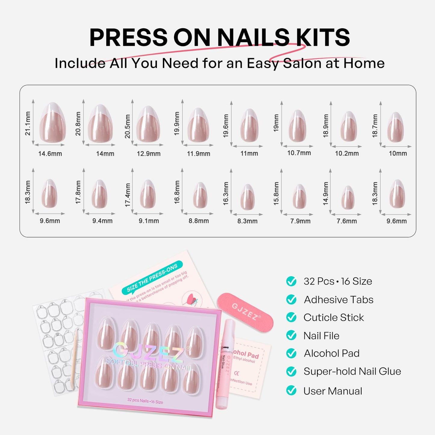 Pink Chrome French Tip Press On Nails - GJZEZ Soft Gel Short Almond Cute Spring Glazed Donut Aurora Pearlescent Fake Nail Gifts for Bridal, Salon Quality Reusable Nail | 16 Sizes - 32 pcs, Blush Glow