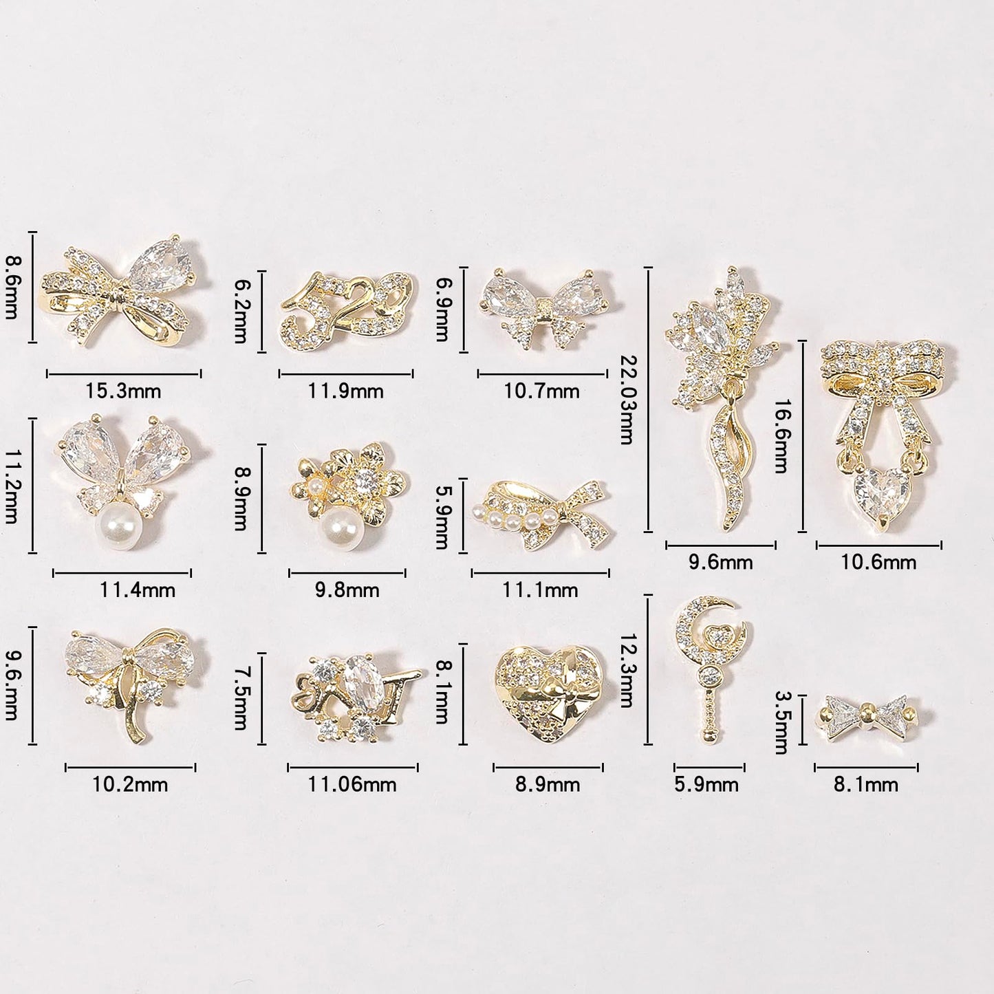 HNUIX Nail Charms and Gems - Gold Copper Zircon, Multiple Shapes 3D Dangle, Metal Luxury Jewelry Rhinestones for Nails 14 Pieces
