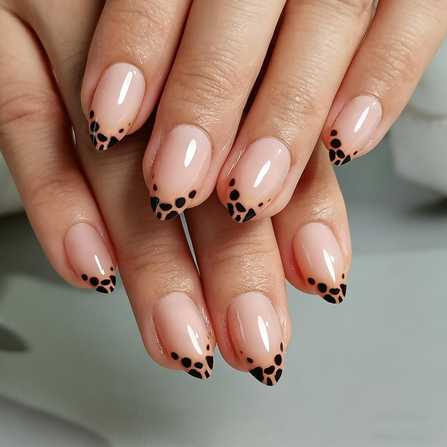 Nude Leopard French Tip Press on Nails, Short Almond Soft Gel Fake Nails, Reusable 32Pcs 16 Sizes with Glue for Women Daily Office Party