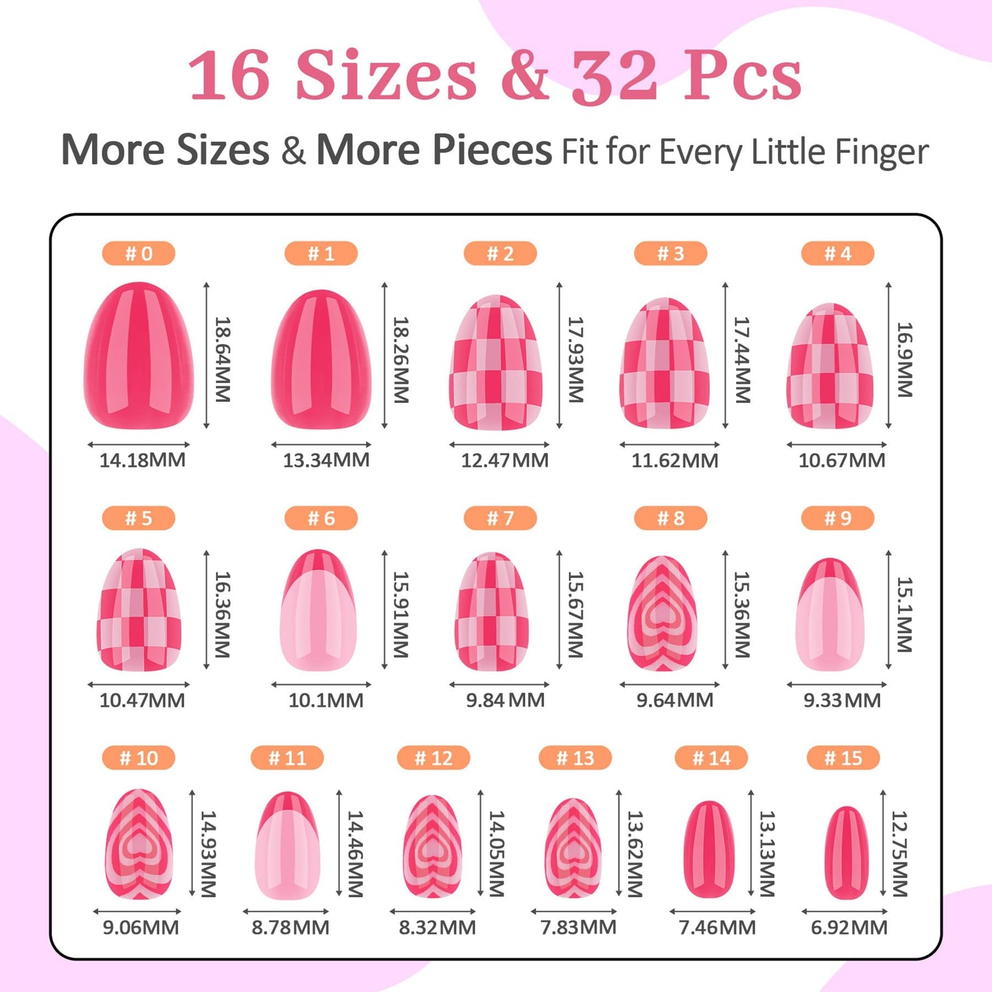 Qiek 16 Sizes Press on Nails Kit for Kids - 32 Pieces French Almond Fake Nail Tips for Girls 8-12 Years Old with Jelly Nail Adhesives & No-Lamp Nail Glue, Birthday Easter Gifts (Rose Pink Grid)