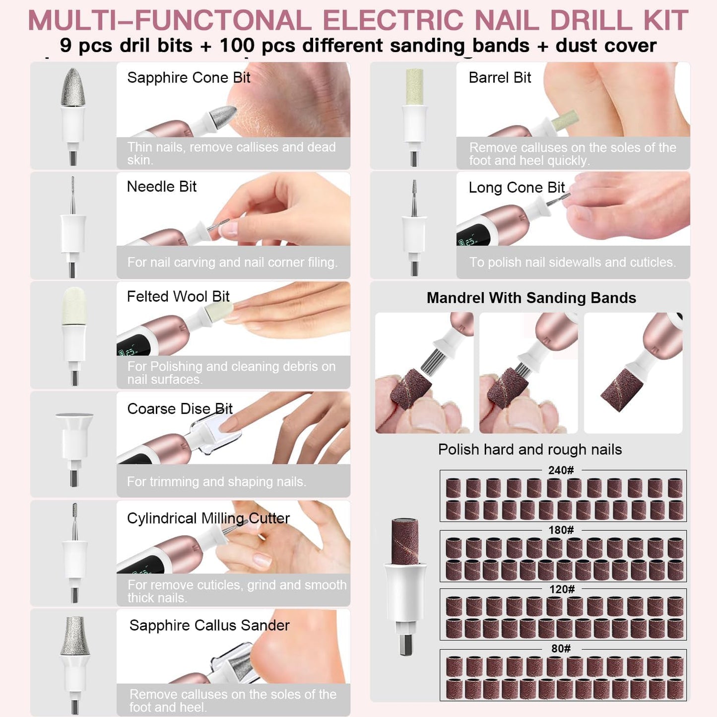 Electric Nail File Set, 9 in 1 Professional Manicure and Pedicure Kit, Cordless Nail Drill for Feet, LCD Display 10 Speeds Electric Nail Drill Machine, Hand Foot Care Tool