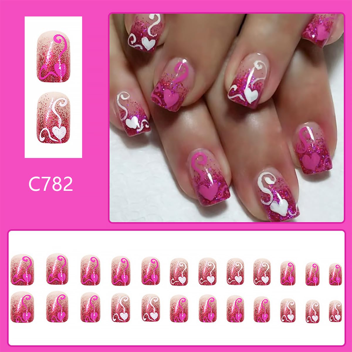 24Pcs Valentine's Press on Nails Short Square French Tip Fake Nails Romantic Heart False Nails with Pink Glitter Nude Full Cover Artificial Glue on Nails Cute Valentines Stick on Nails for Women