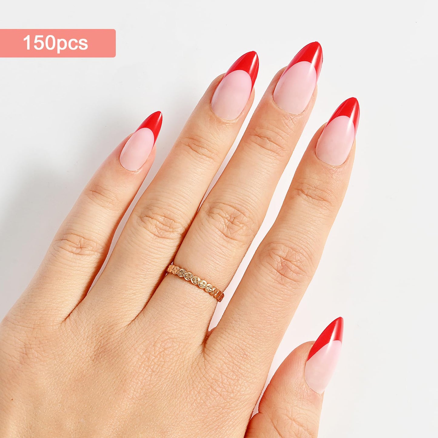 Jellyqueen Red French press on french tip nails : 150 Pcs Pink Almond gel press on nails， Soft Gel Nail False Nails Art DIY Gifts For Women (A18-02-11)