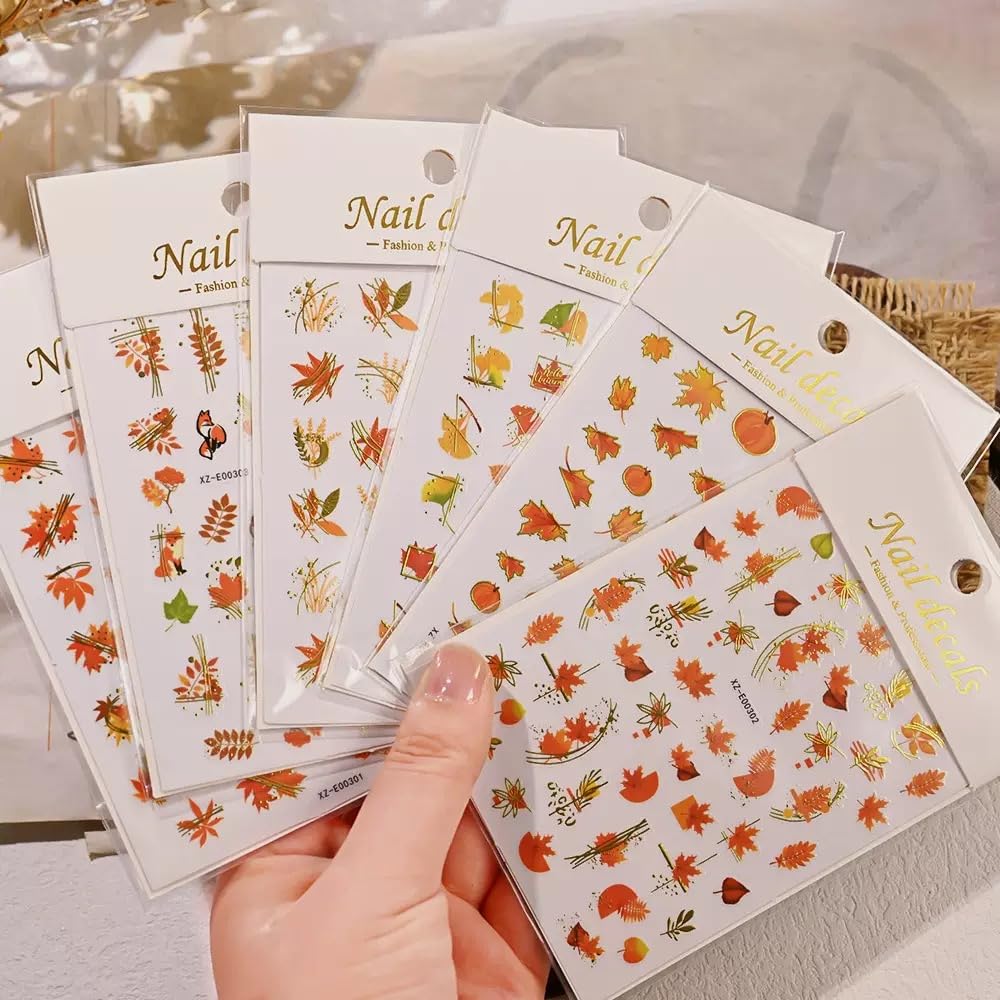 Fall Nail Stickers 3D Self Adhesive Maple Nail Art Stickers Pumpkin Nail Decals with Maple Leaf Fox Design Autumn Thanksgiving Day Nail Supplies for Women Girls Holiday Manicure DIY 6 Sheets