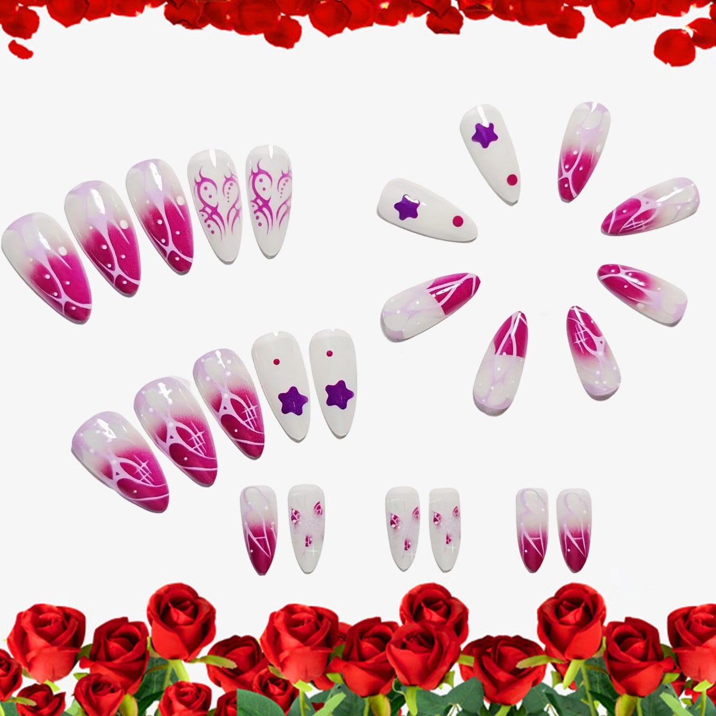 Valentines Press on Nails Medium Almond Artificial Acrylic French Fake Nails 3D Star with Irregular Love Coffin Nail Full Cover Glossy Heart Glue on Nail Artificial Fingernails Women Festival Manicure