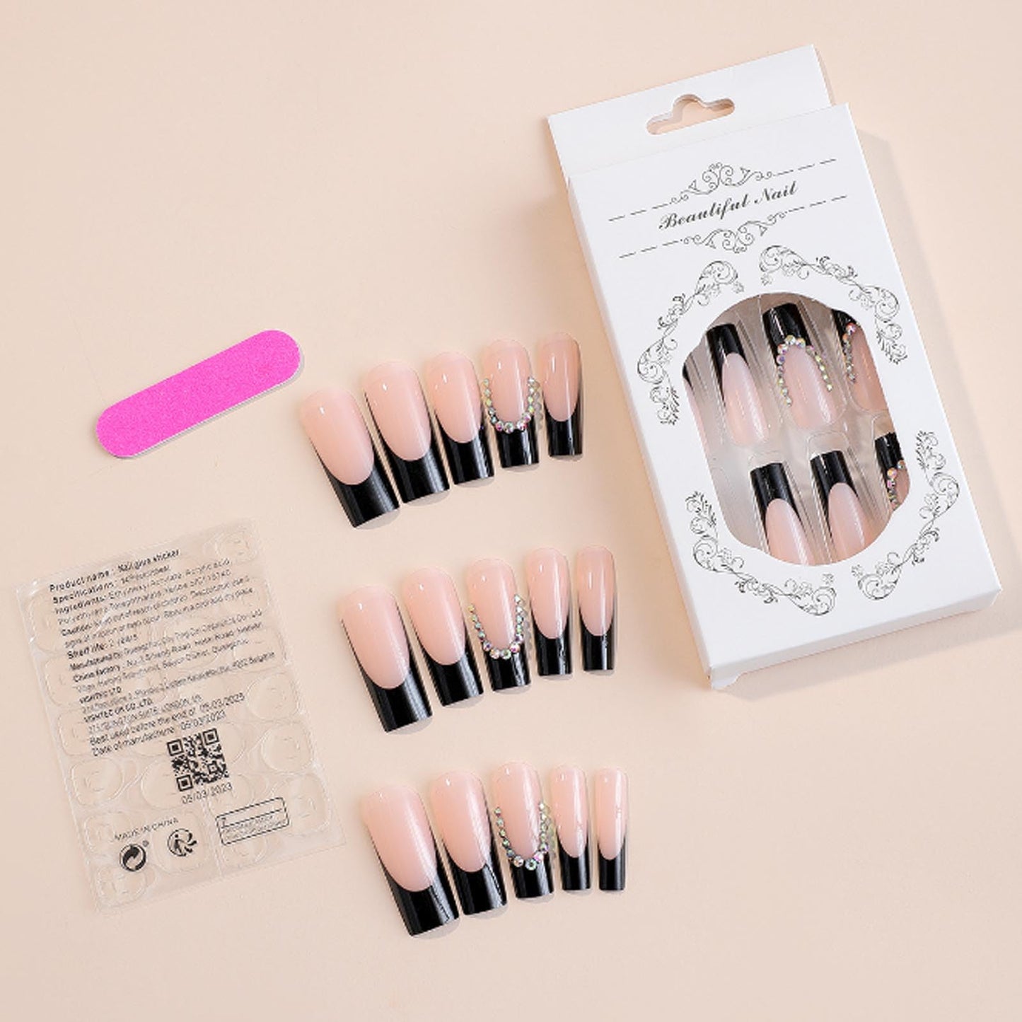 DANMANR Square Fake French Nails False Long Nails Full Cover Acrylic Long Fake Nails for Women and Girls 24PCS (Color 9)