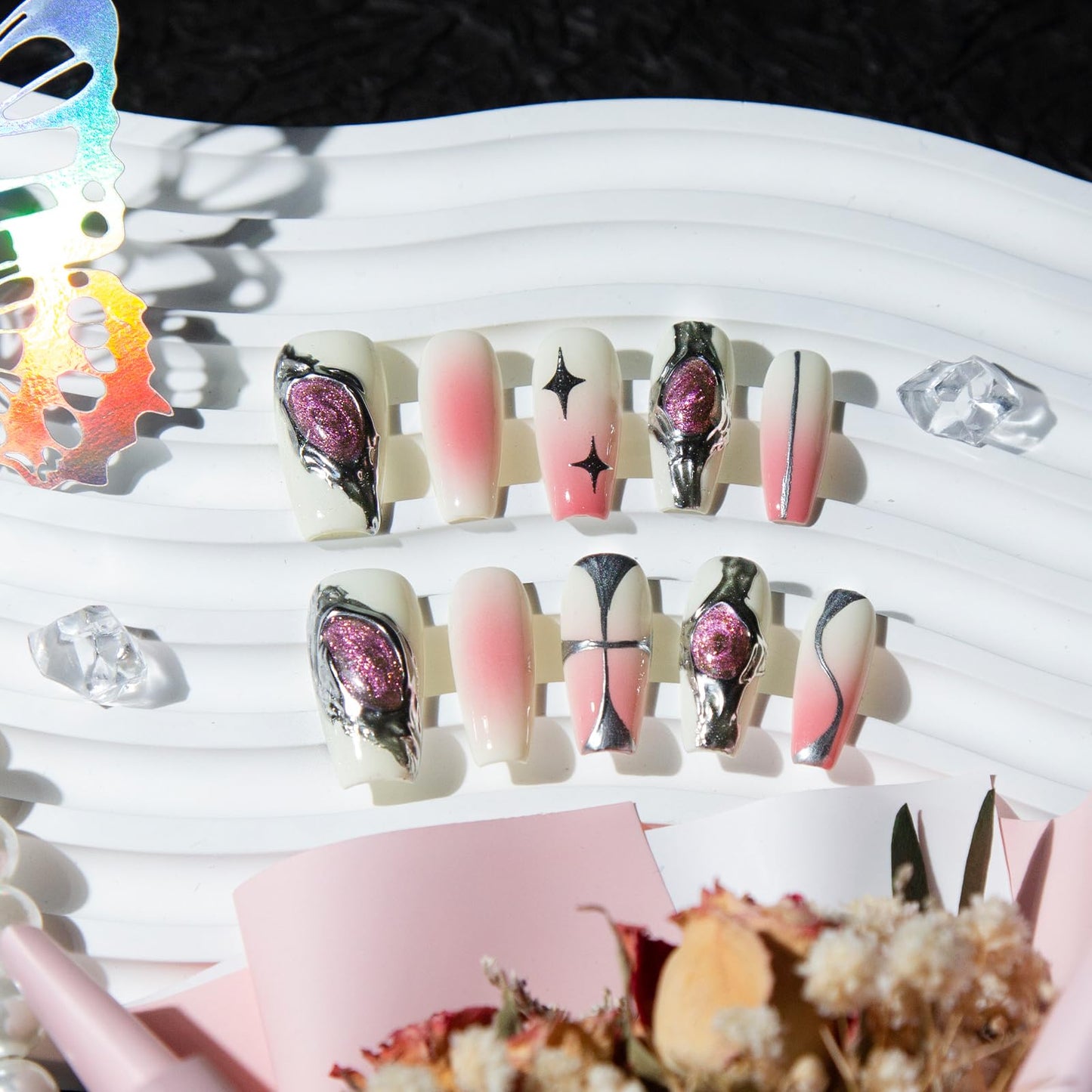 TENPAL 10pcs Coffin Press-On Nails Kit,Punk Metal Glam False Nails with Airbrush Blush Designs,Cat Eye Edgy Gradient Pink Nails with Rhinestones,Hip Hop Goth Chrome Fake Nails Set with Tools(XS)