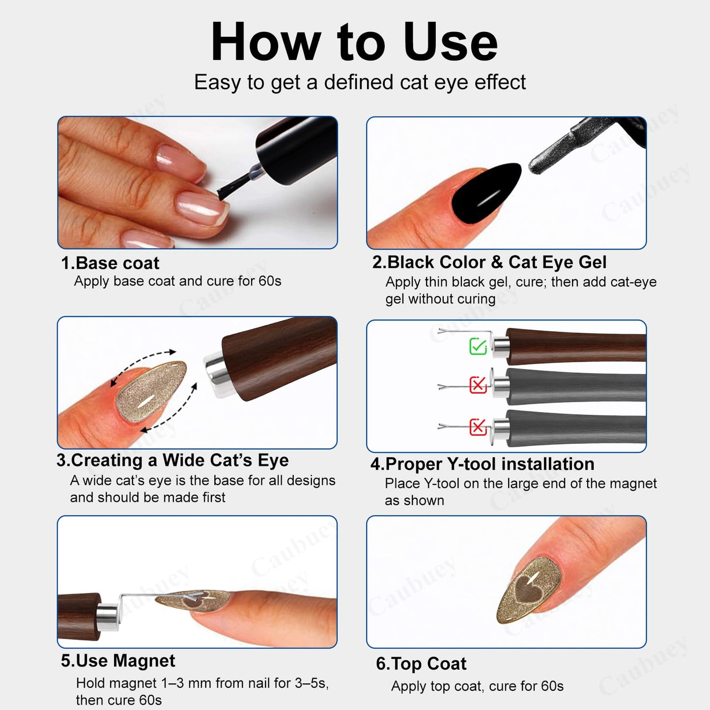 Caubuey 4 in 1 Cat Eye Nail Magnet Stick with Heart Shaped Tool, Multifunctional Magnetic Nail Pen for Gel Polish — 3D Cat Eye Magnet for DIY Nail Art, Manicure, Salon, Studio Use (Brown)