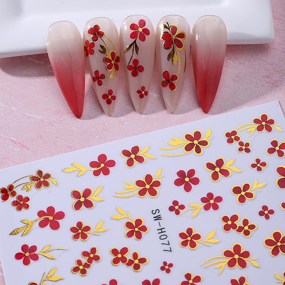 Red Flower Nail Art Sticker Decal 6Pcs 3D Elegant Self-Adhesive Nail Stickers Golden Trim Nail Decal Red Floral Nail Supply Spring Summer Flower Nails Design for Women Manicure DIY Decoration