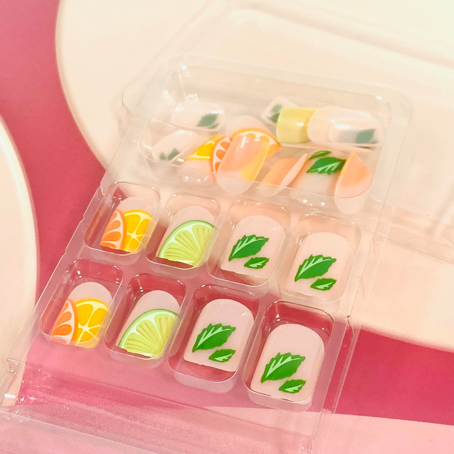 Vezocim Press on Nails Short Square-24Pcs Glossy Full Cover Acrylic Square Summer False Nails with Lemon Designs Artificial Extra Short Square Fake Nails with Glue Stick on Fingernails for Women