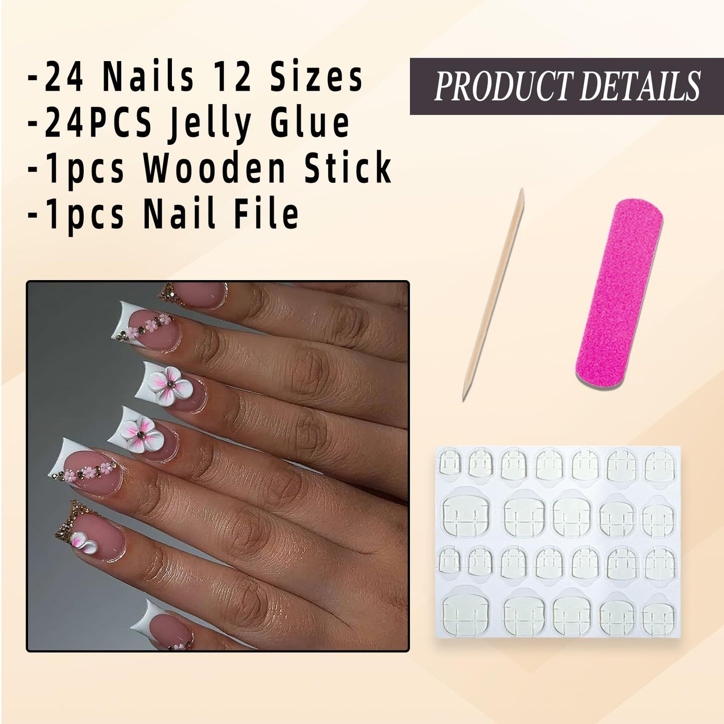 Jremg White French Tip Press on Nails Medium Square Fake Nails with Rhinestones Designs Cute 3D White Floral False Nails Glossy Gold Glitter French Full Cover Glue on Nails for Women Daily Wear 24Pcs