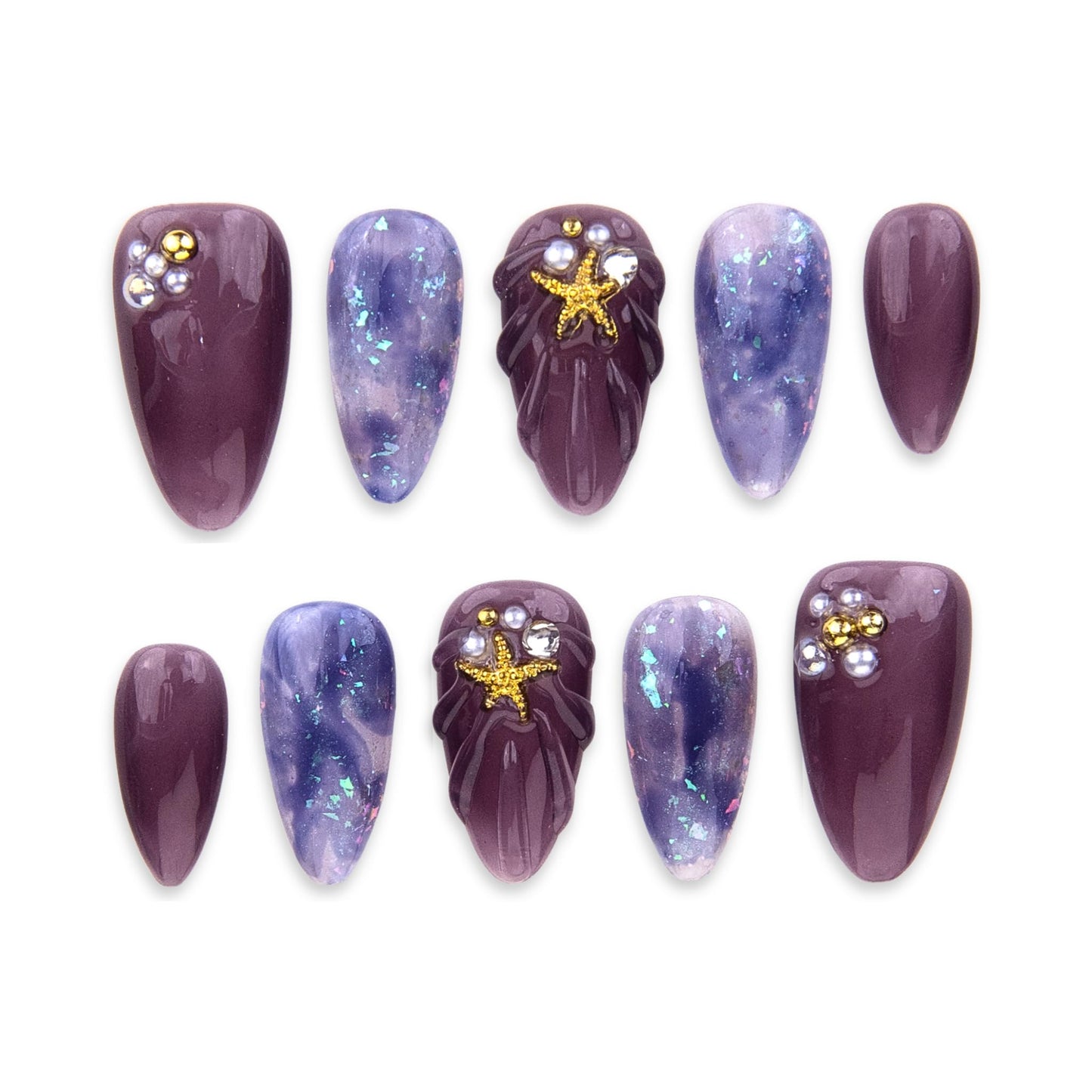 SIYOU Beauty | Ocean's Enchant | Purple Mermaid Short Almond Press On Nails for Women (Medium) - Reusable, Salon-Quality Fake Nails (10pc)