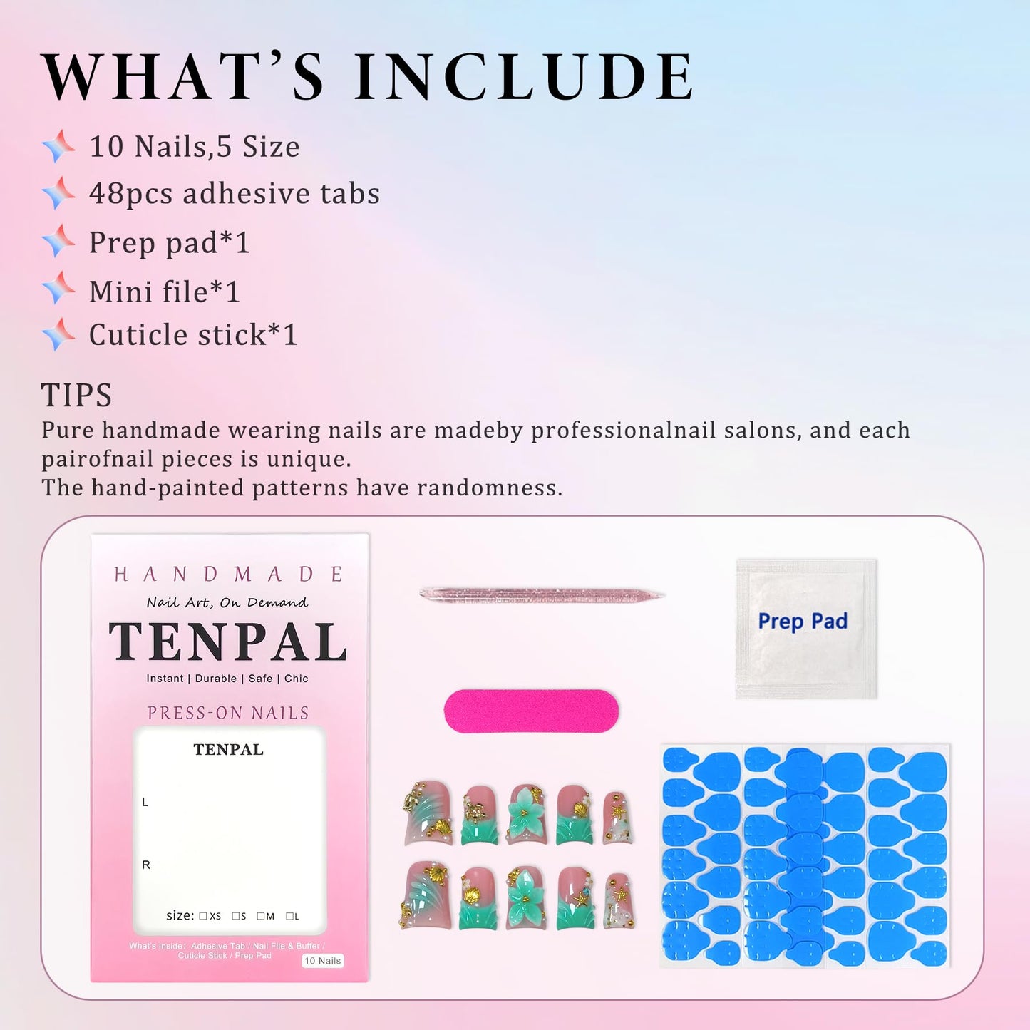 TENPAL Duckbill Press on Nails - Ocean 3D Floral Teal Blushing Ombre Design | Icy Glossy Duck Fake Nails with Handmade Carving | Mermaid Y2K Style Glue on Nails for Resort Vacation(M)