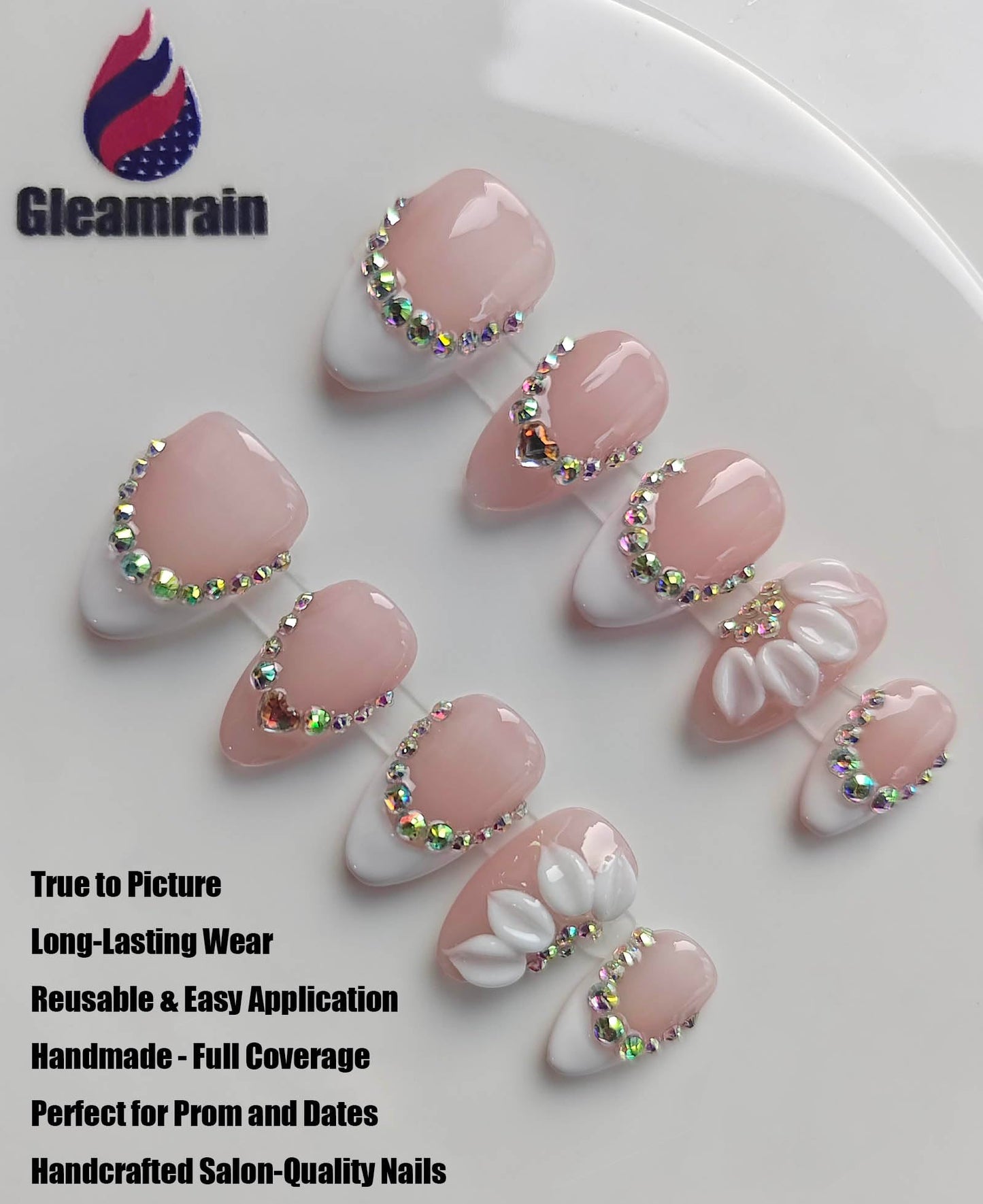 Gleamrain Handmade Press on Nails Short Almond for Women,Handcrafted Floral Design Reusable Full Cover Fake Nails for Daily Wear Party Birthday P202