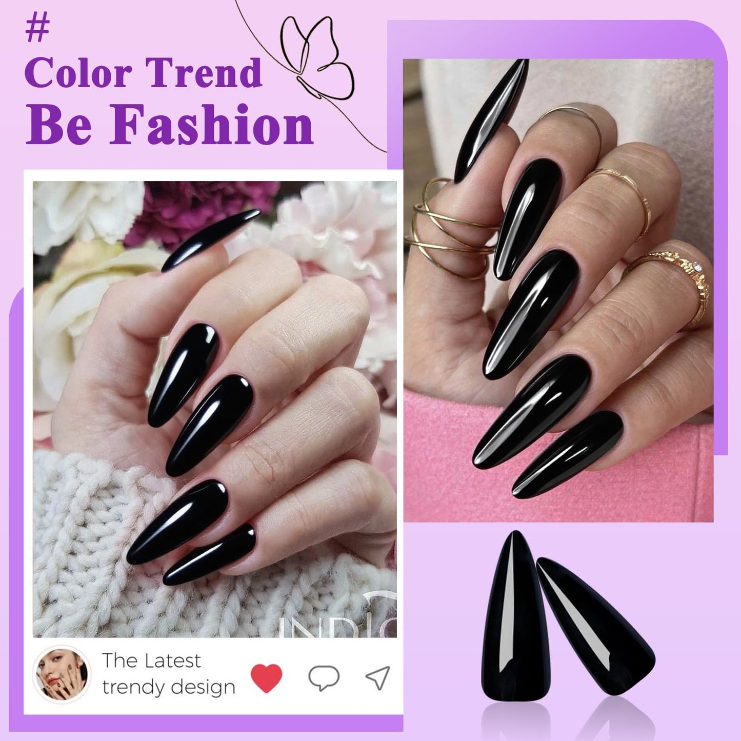 144pc Black Press on Nails Long Stiletto Fake Nails with Glue Tabs, Black Nails Press ons Nails Stiletto Glue on Nail Pointy Acrylic Nails Stick False Artificial Fingernail for Women Girls
