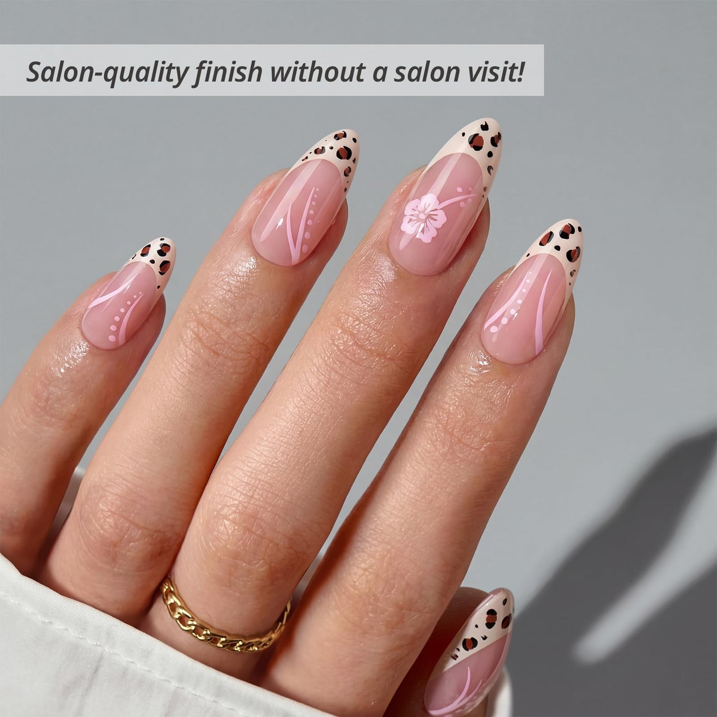 BTArtbox Press On Nails Almond- Wild Bloomery, Lamp-Curable 4-Week Wear Pink Leopard French Tip Press On Nails with Glue and Adhesive Tabs, Easy-to-Apply in 15 Sizes - 30 Nails All-in-One Kit